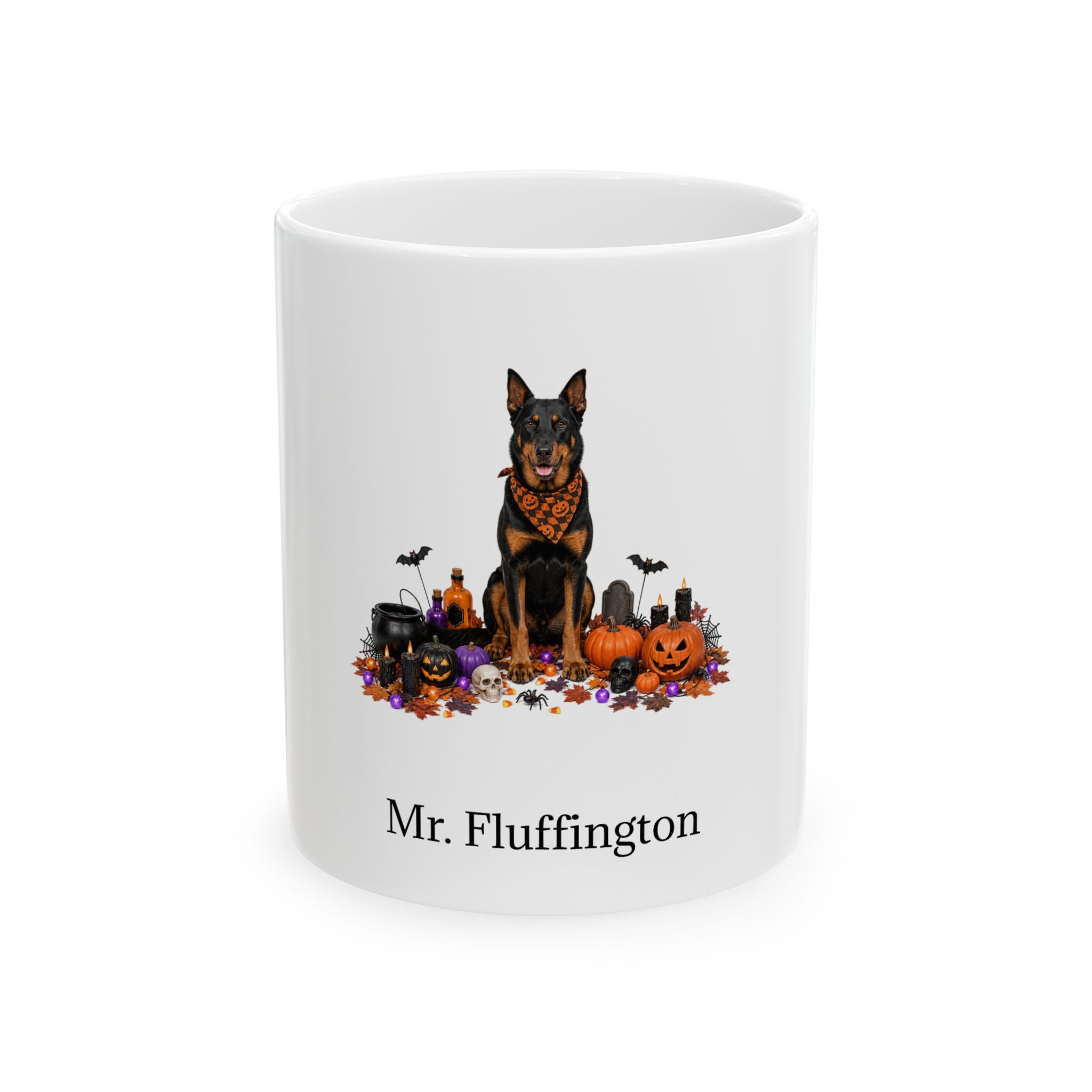 Personalized Beauceron dog Halloween mug, 11oz white ceramic, with custom pet name on front