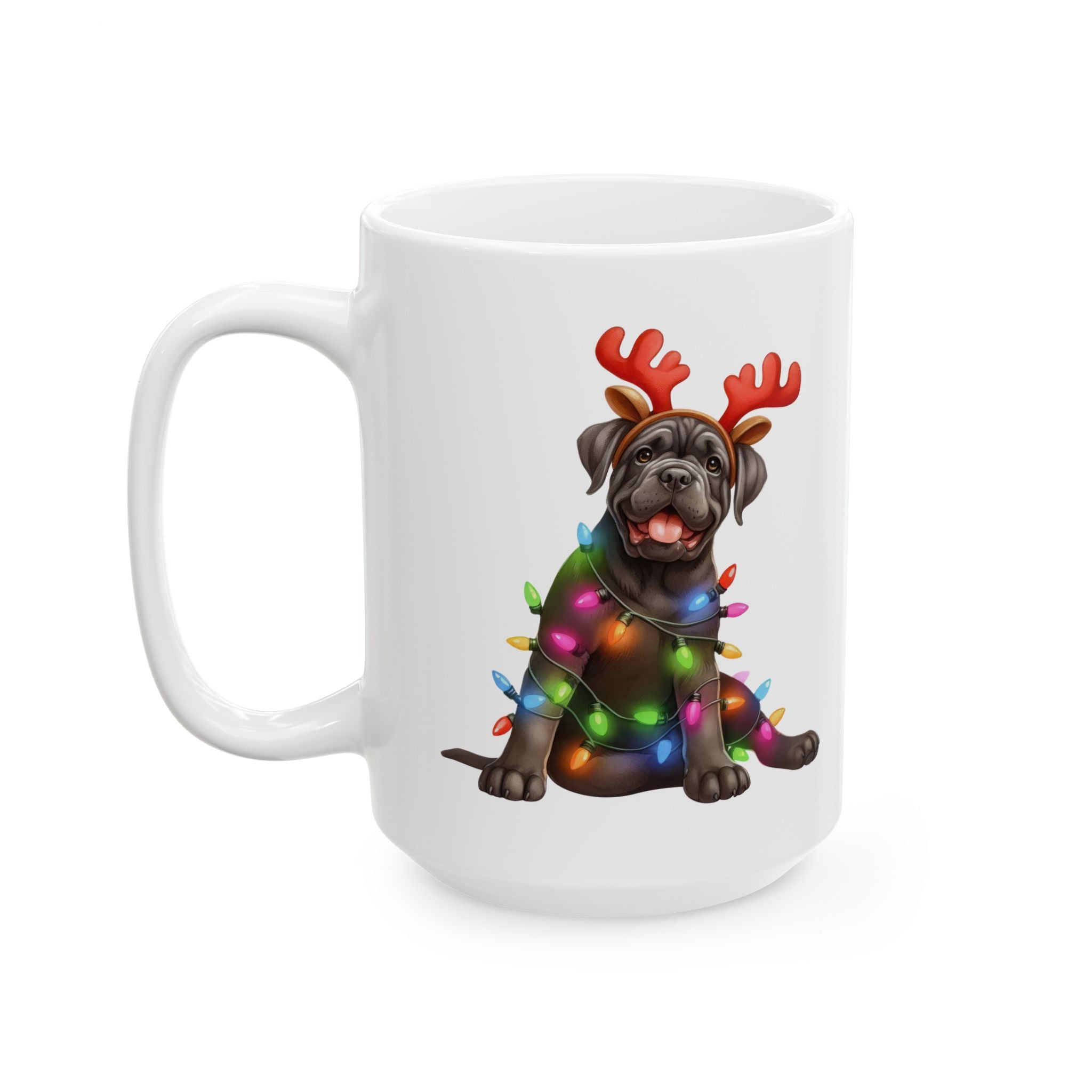 White ceramic mug with a black Cane Corso wearing reindeer antlers and Christmas lights.