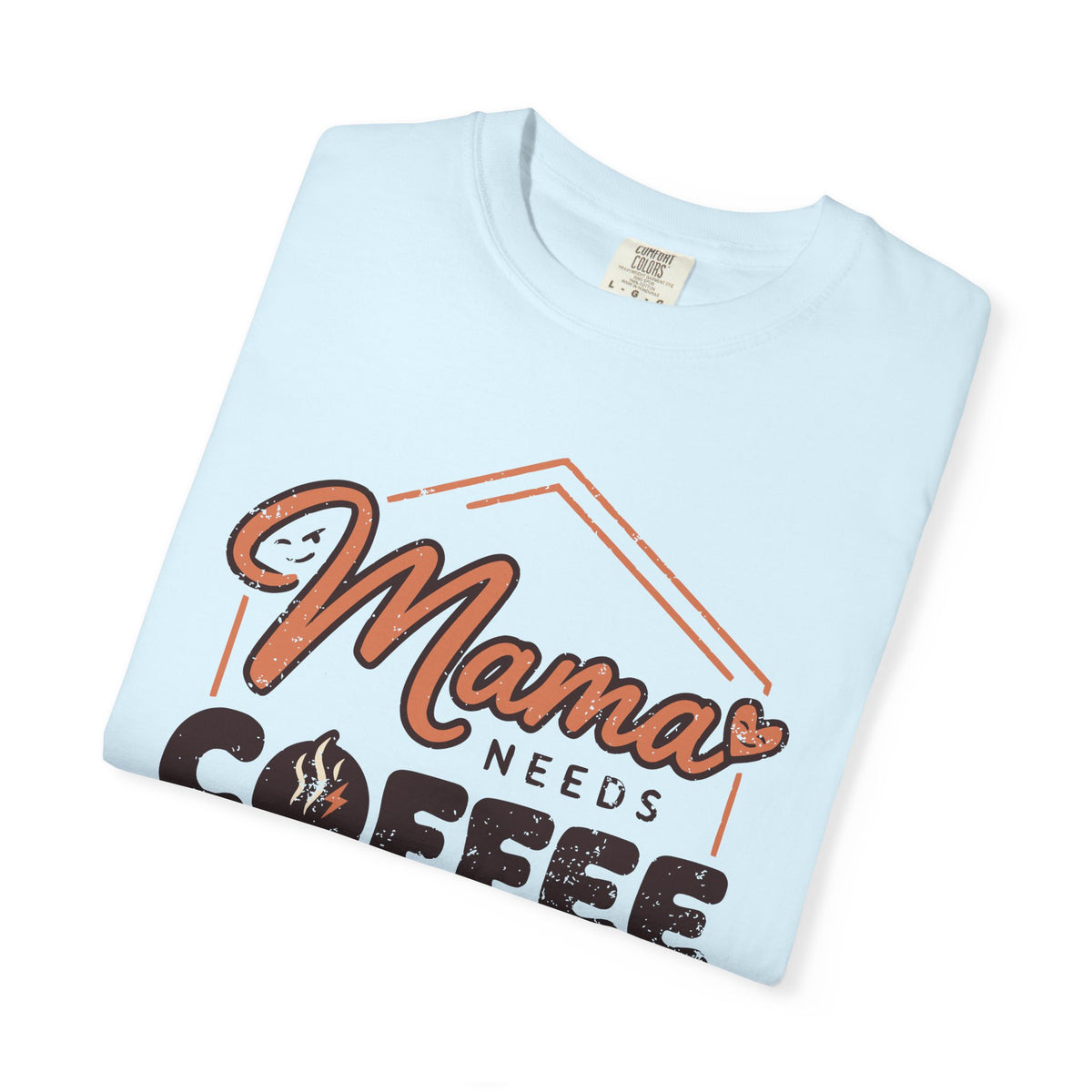 Folded Chambray Mama Needs Coffee T-shirt showing the distressed coffee graphic.