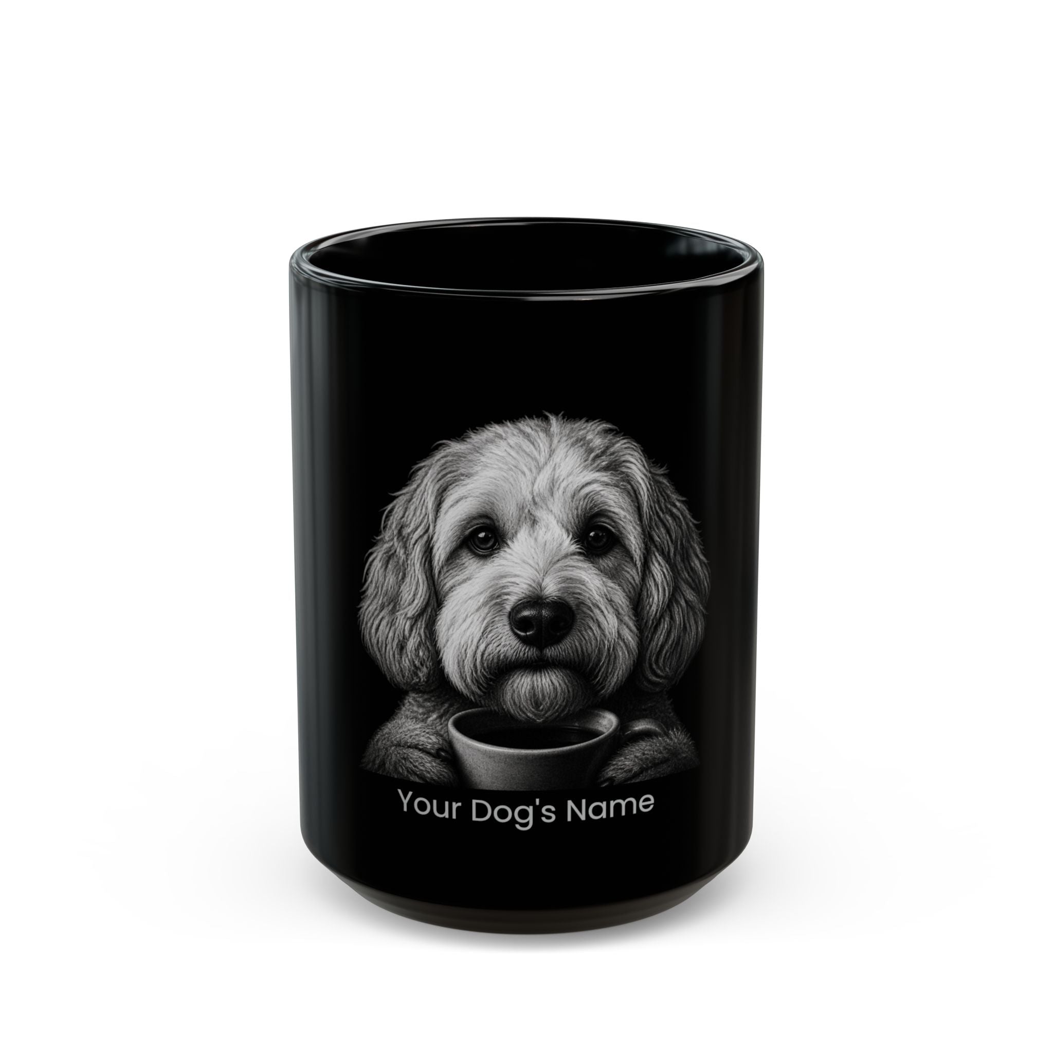 Personalized Cavachon black ceramic coffee mug with custom dog name