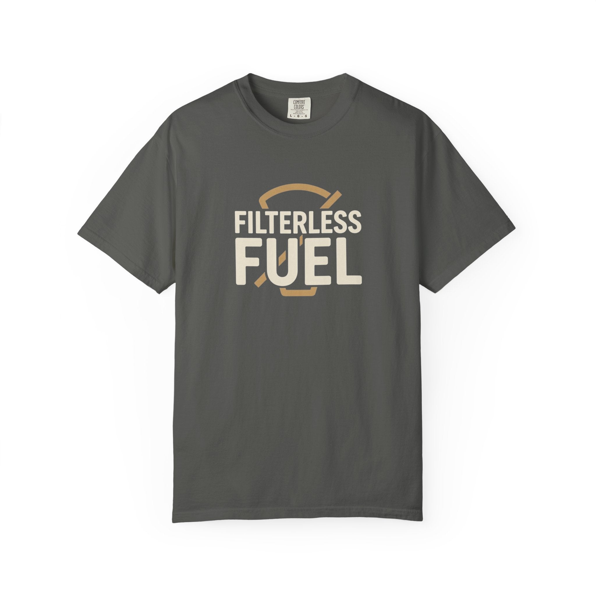 A charcoal grey unisex t-shirt featuring the text Filterless Fuel in a retro font.