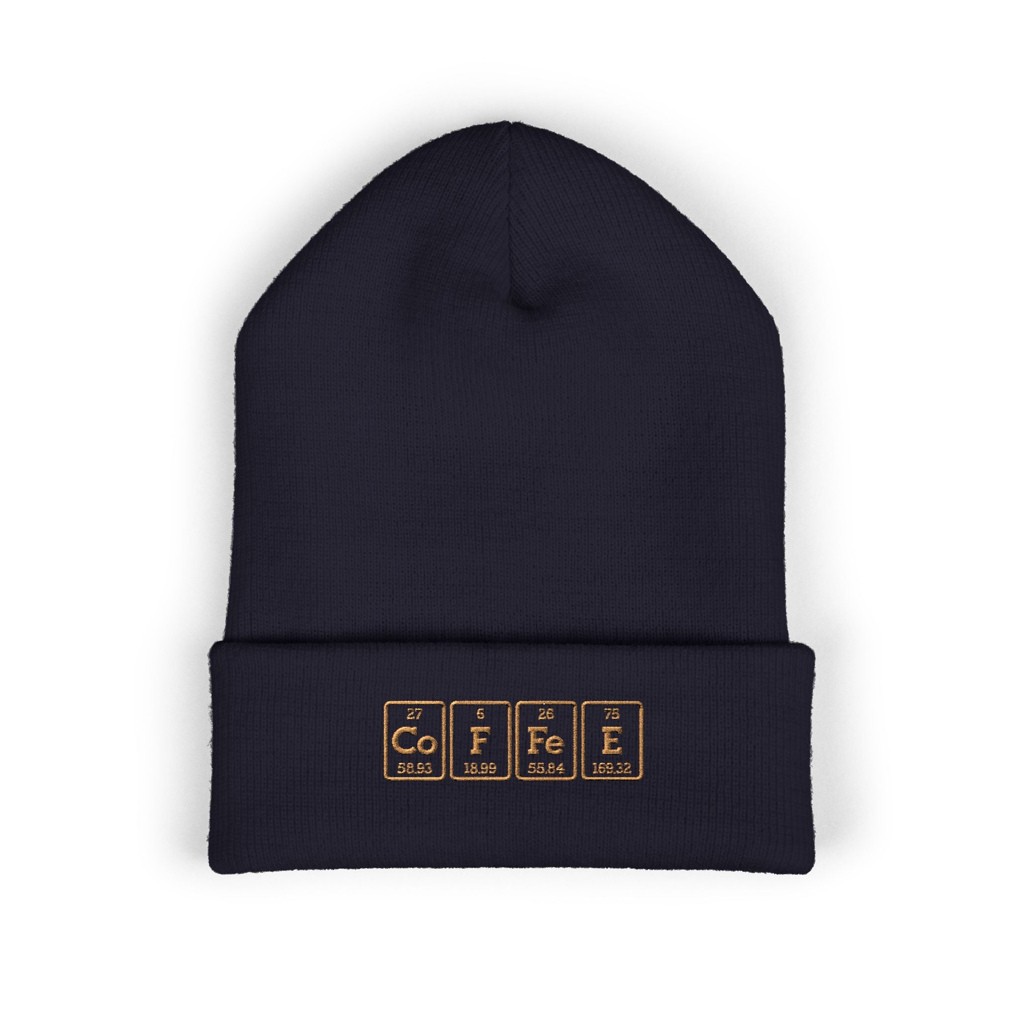 A navy blue cuffed beanie with "COFFEE" embroidered in periodic table style.