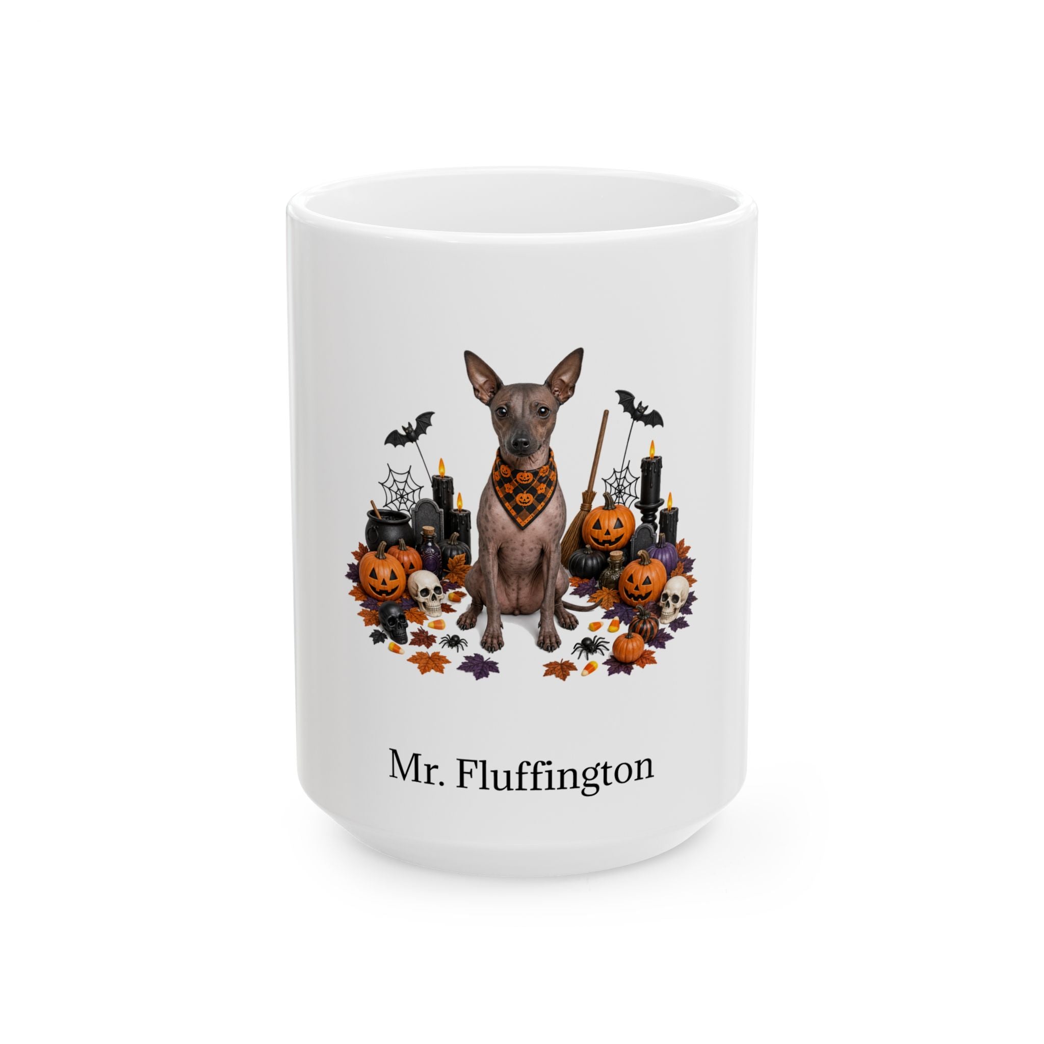 Personalized American Hairless Terrier dog Halloween mug, 11oz white ceramic, with custom pet name on front