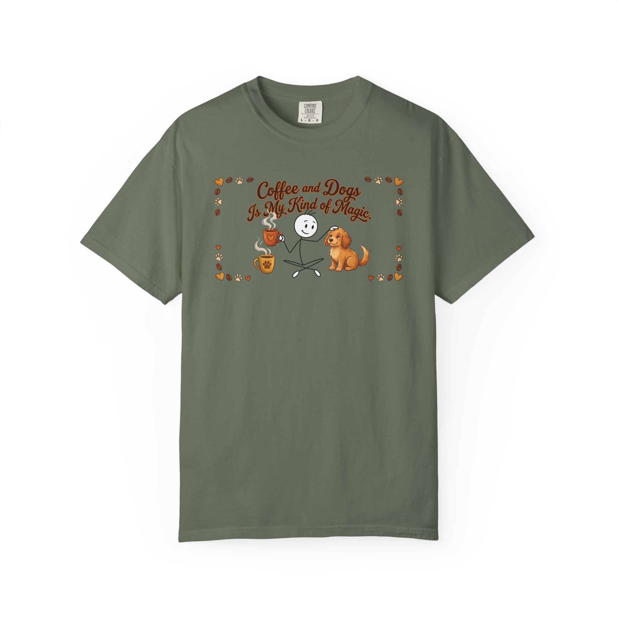 Olive green t-shirt with a stick figure petting a dog and holding a coffee mug.