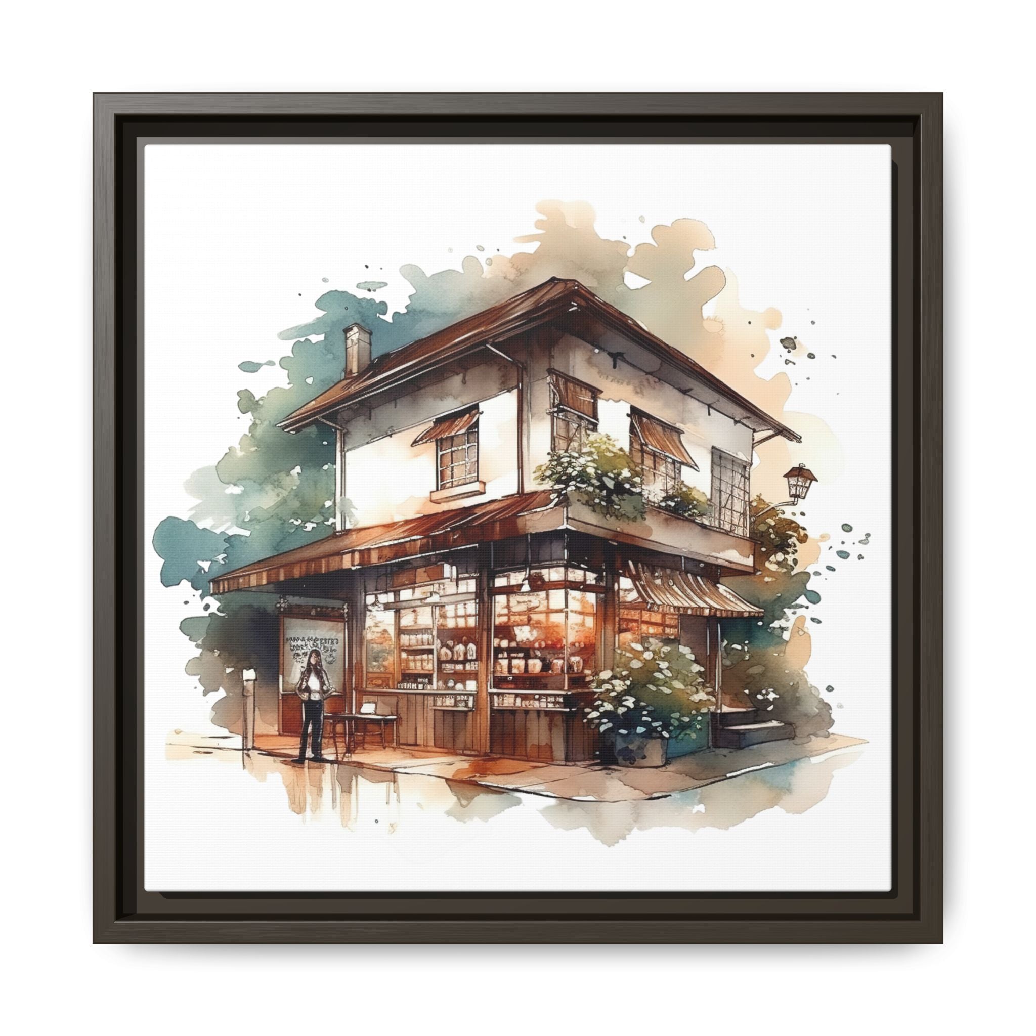 Cozy Corner Cafe Watercolor Art – 14x14 Framed Matte Canvas Print
