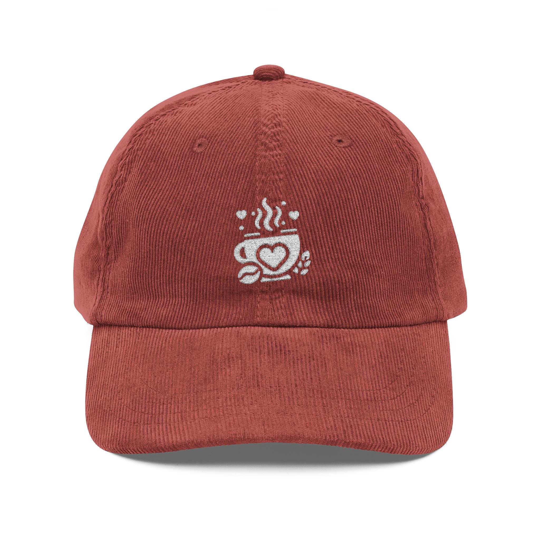 Red corduroy baseball cap with an embroidered white coffee cup and heart logo on the front.