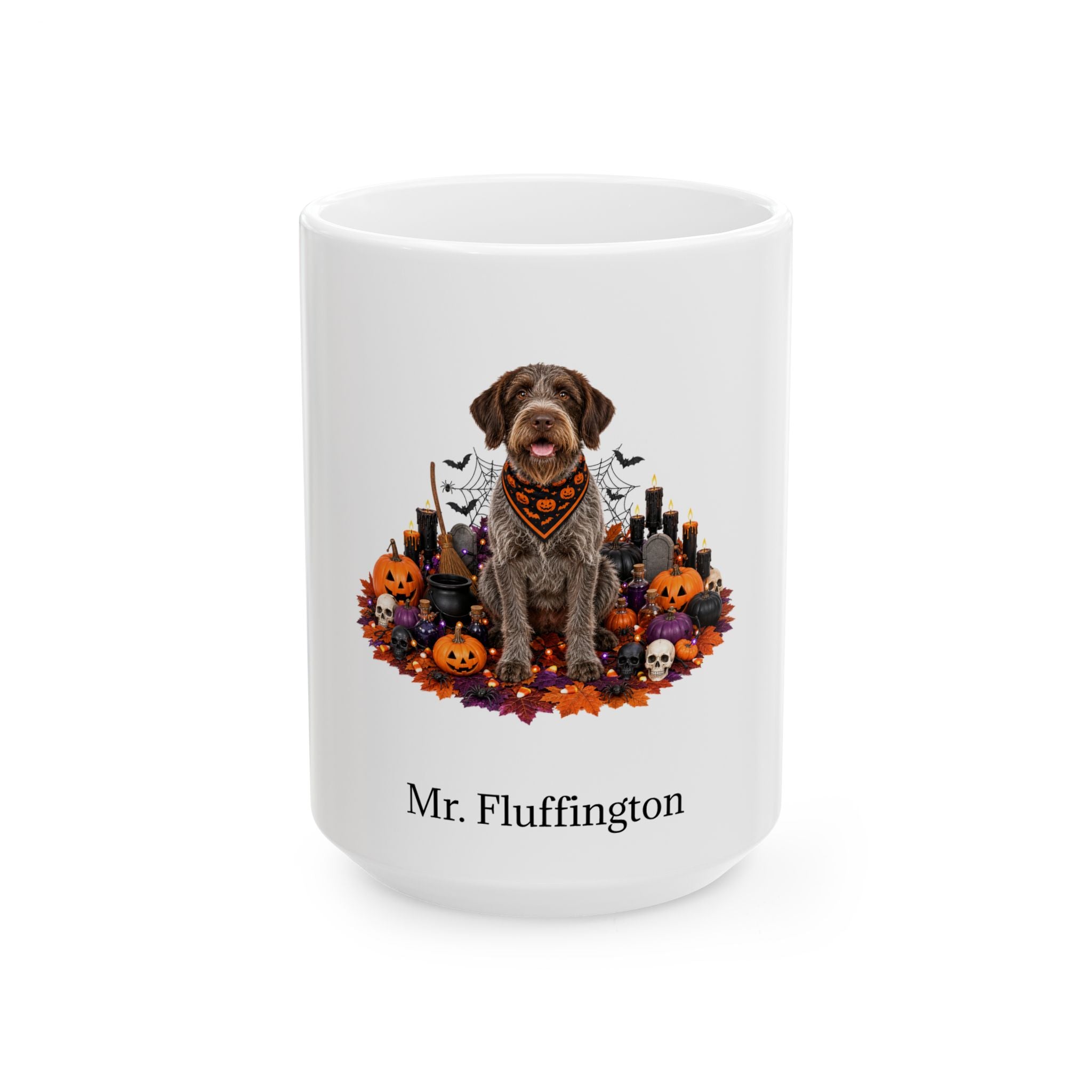 Personalized Wirehaired Pointing Griffon dog Halloween mug, 11oz white ceramic, with custom pet name on front