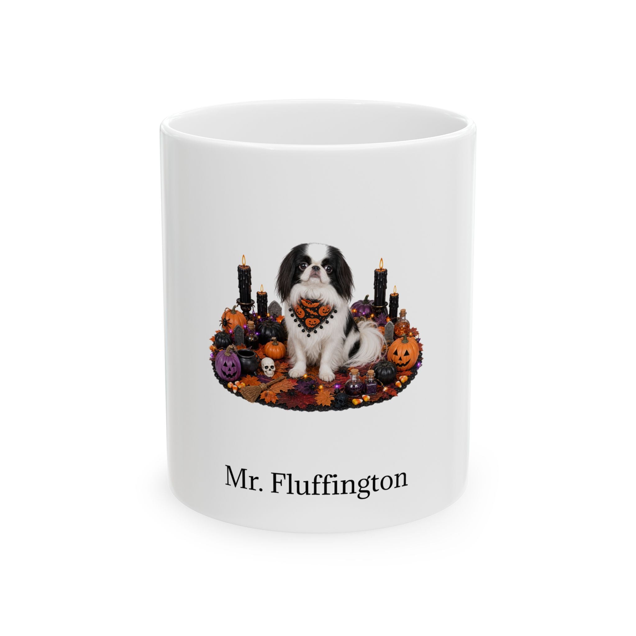 Personalized Japanese Chin dog Halloween mug, 11oz white ceramic, with custom pet name on front