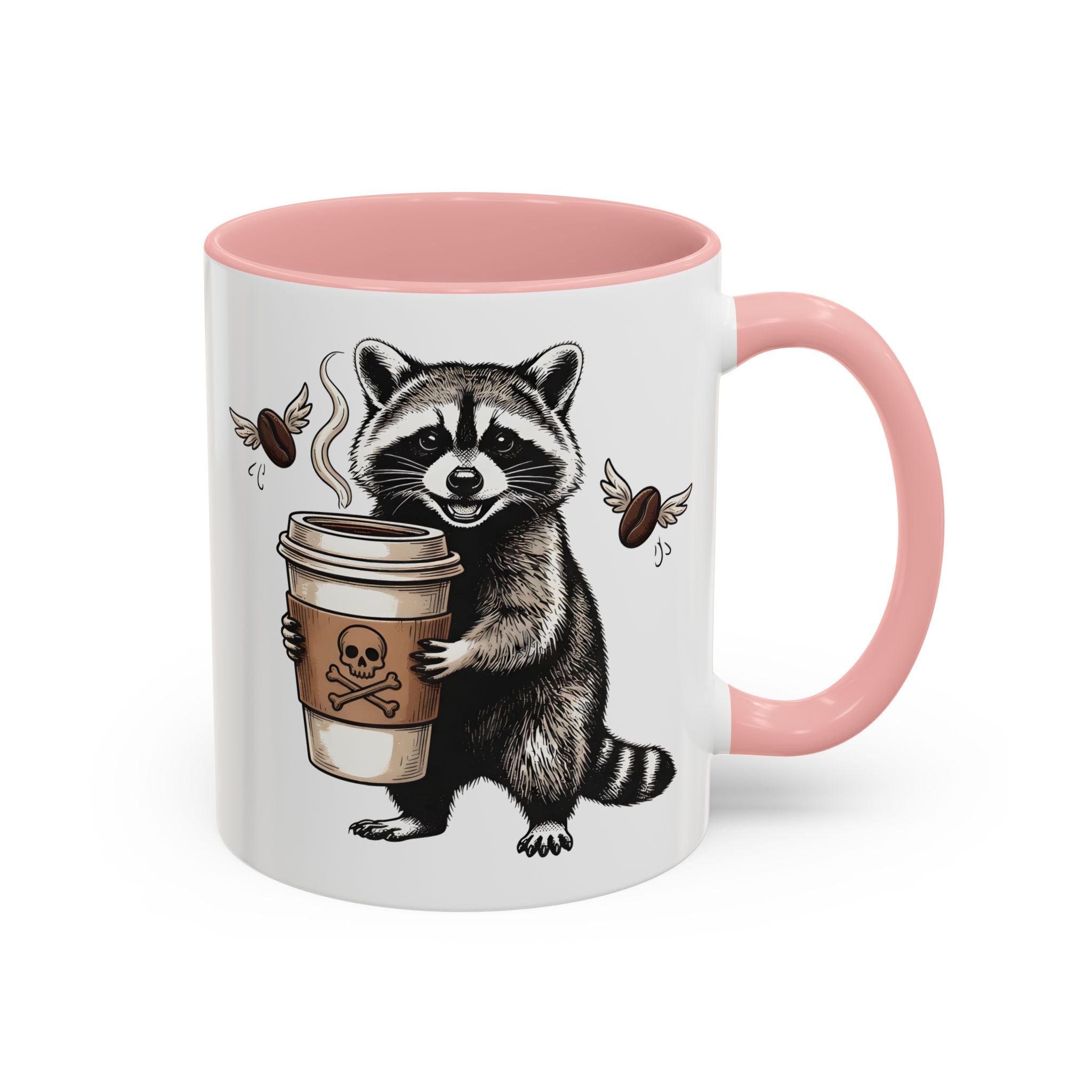 White ceramic mug with a pink handle and interior, featuring a raccoon holding a coffee cup.