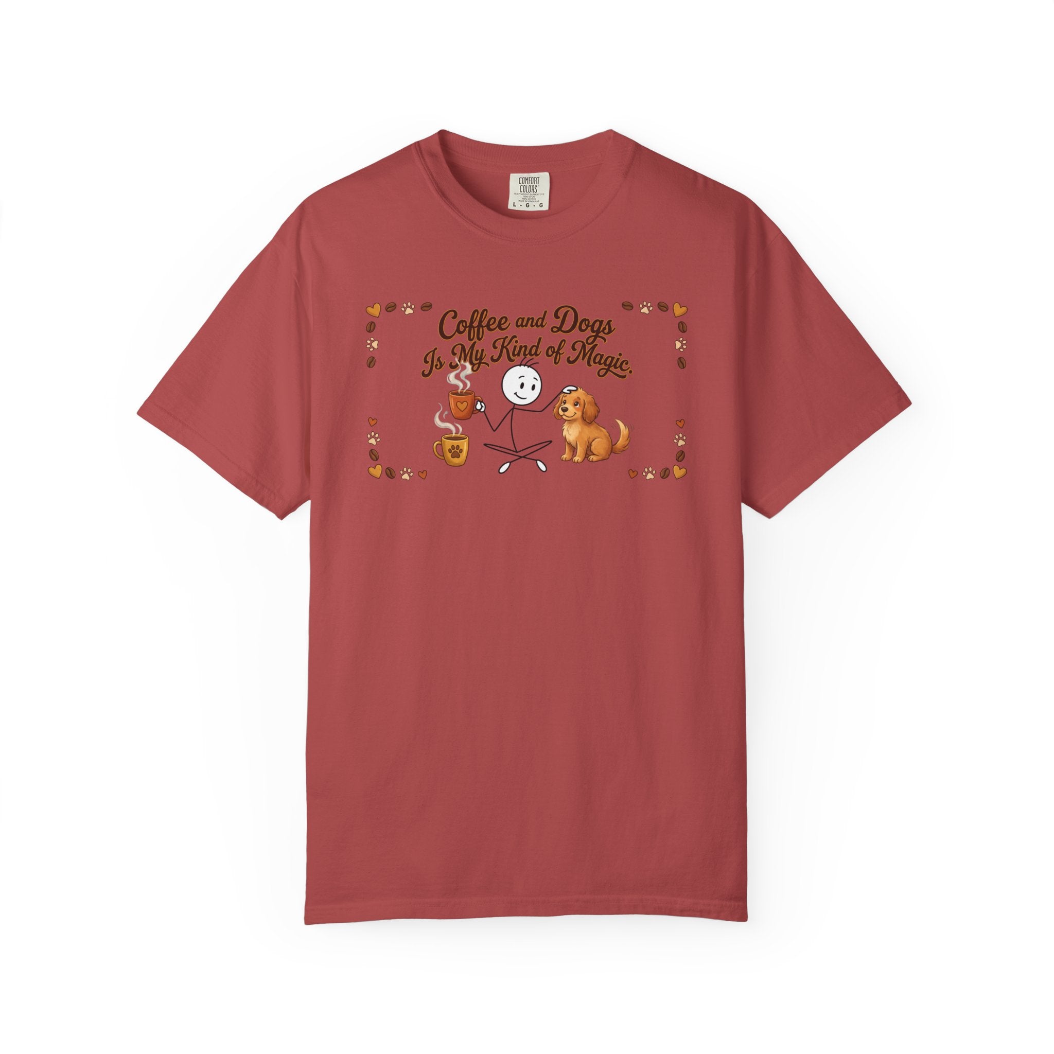 Red t-shirt featuring a stick figure with a coffee mug and a dog with the text Coffee and Dogs.