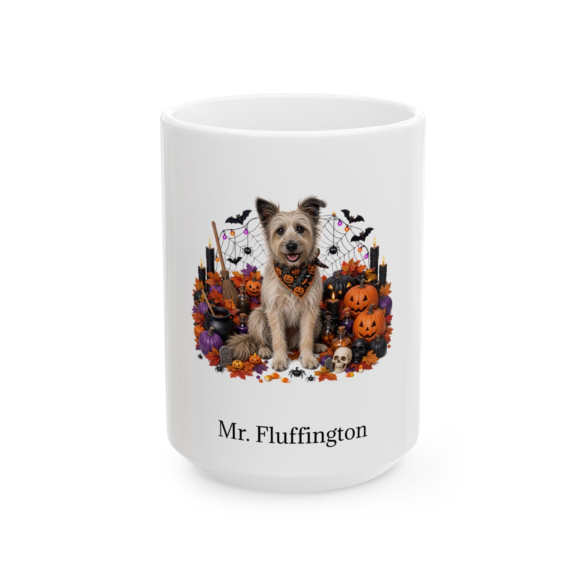Personalized Pyrenean Shepherd dog Halloween mug, 15oz white ceramic, with custom pet name on front
