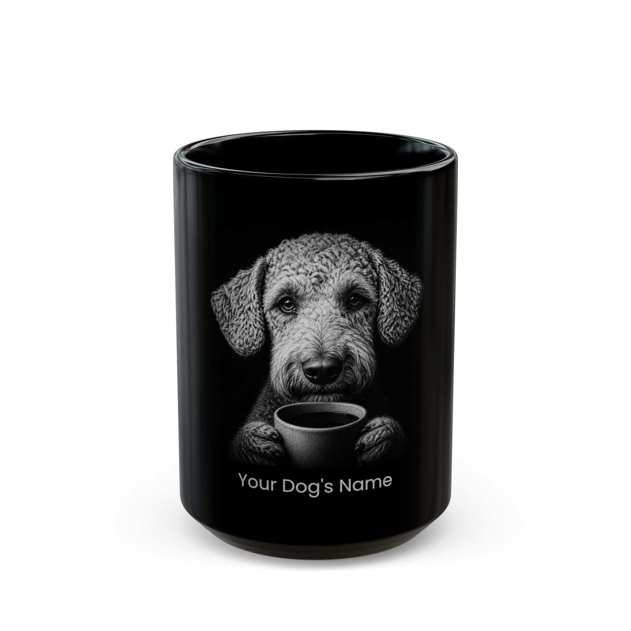Personalized Bedlington Terrier black ceramic coffee mug with custom dog name