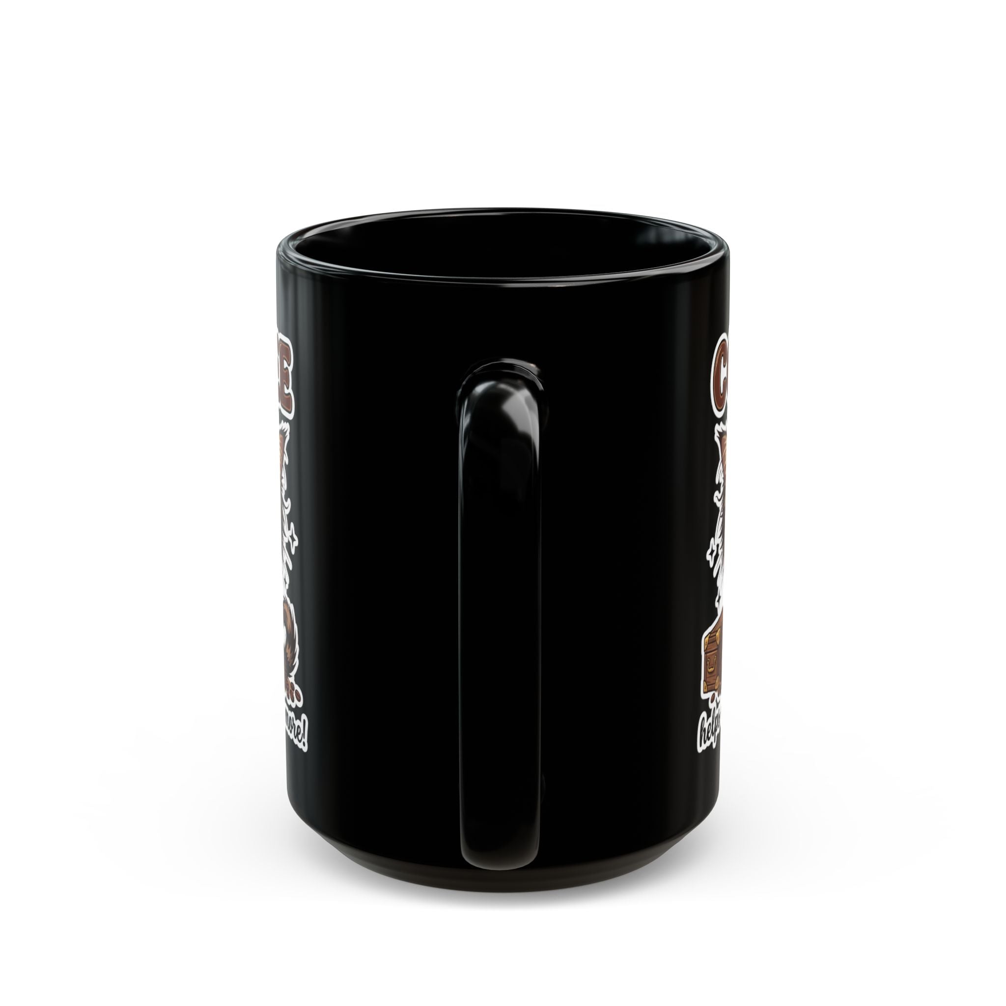 A black ceramic mug featuring a cat graphic, shown from a side angle with the handle visible.