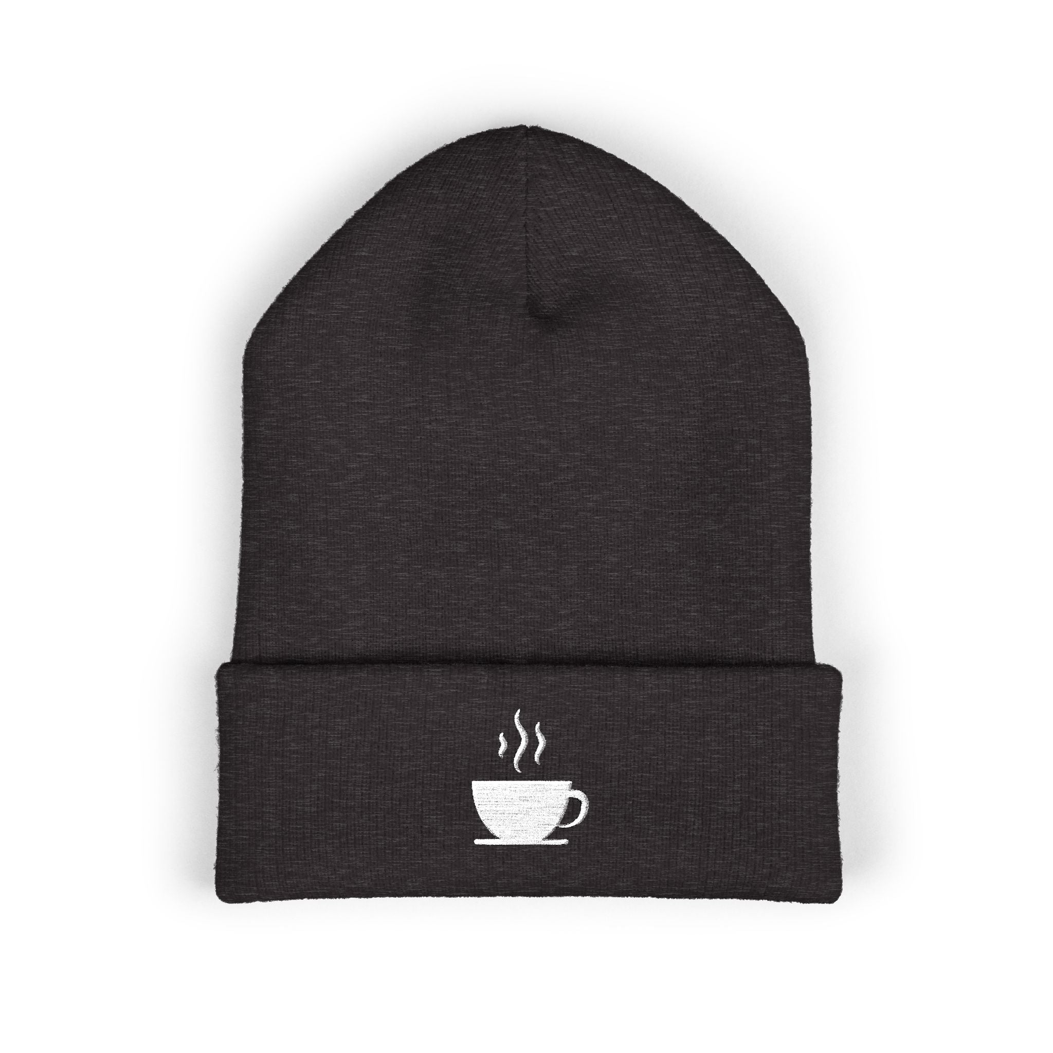 A dark gray cuffed beanie with a white embroidered steaming coffee cup.