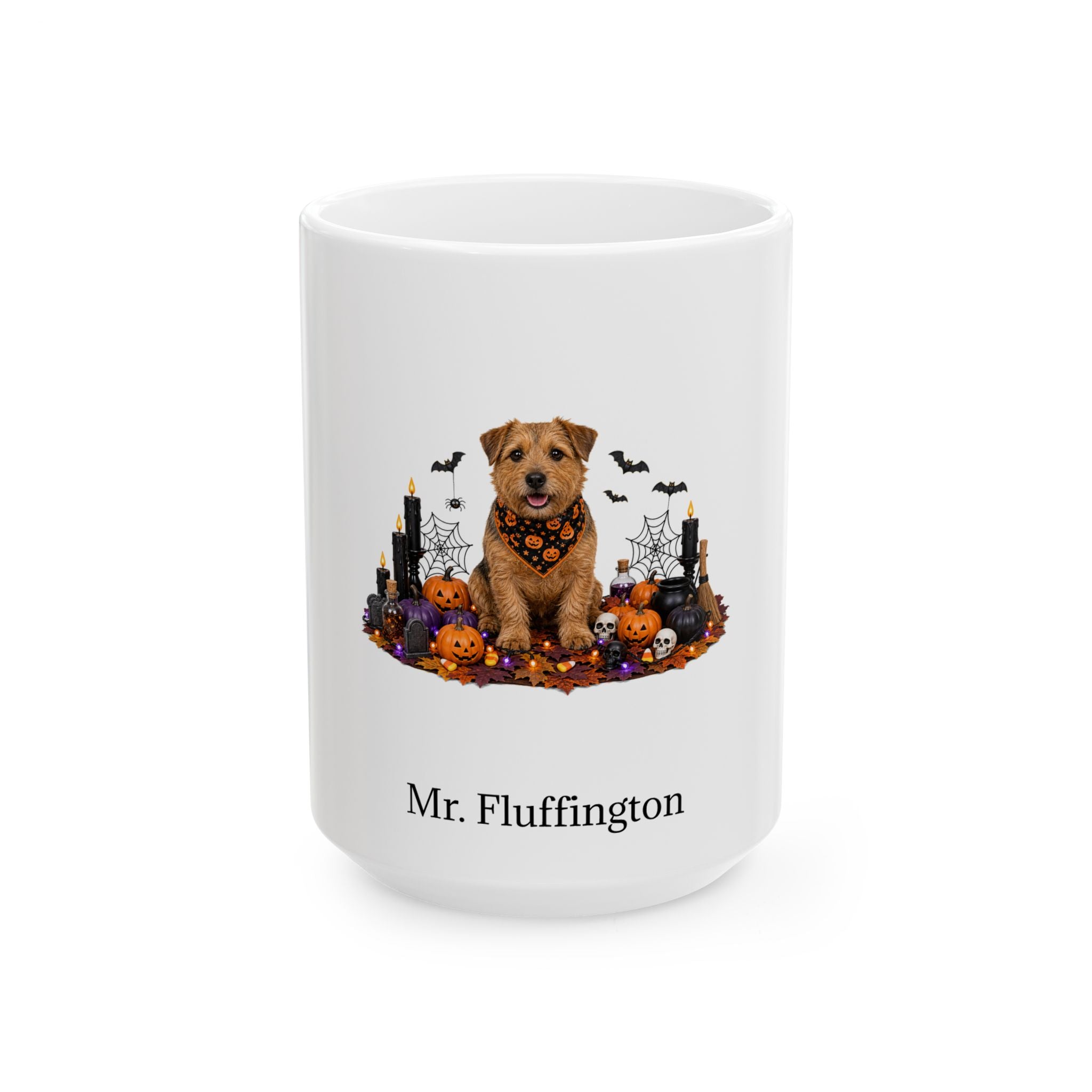 Personalized Norfolk Terrier dog Halloween mug, 15oz white ceramic, with custom pet name on front
