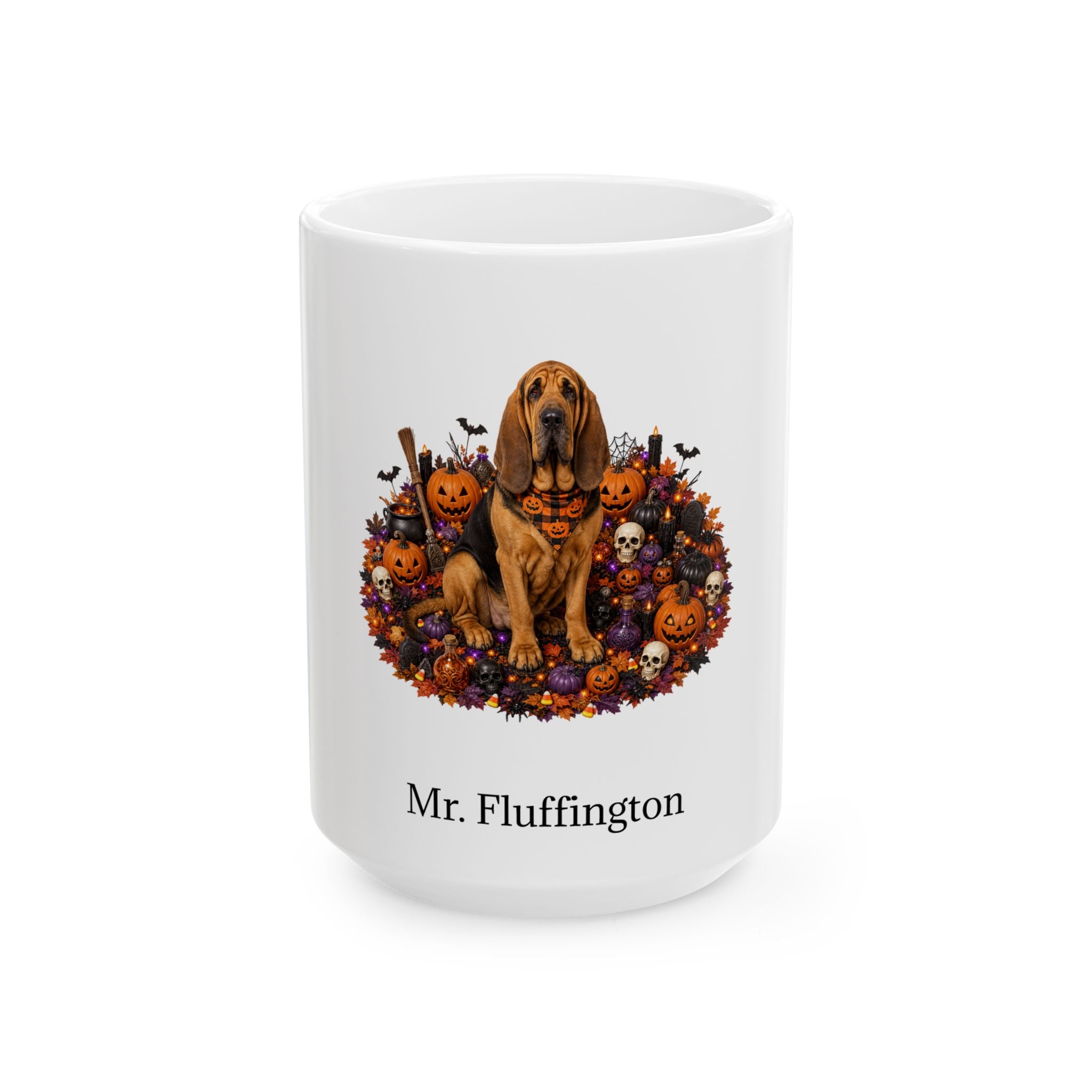 Personalized Bloodhound dog Halloween mug, 15oz white ceramic, with custom pet name on front