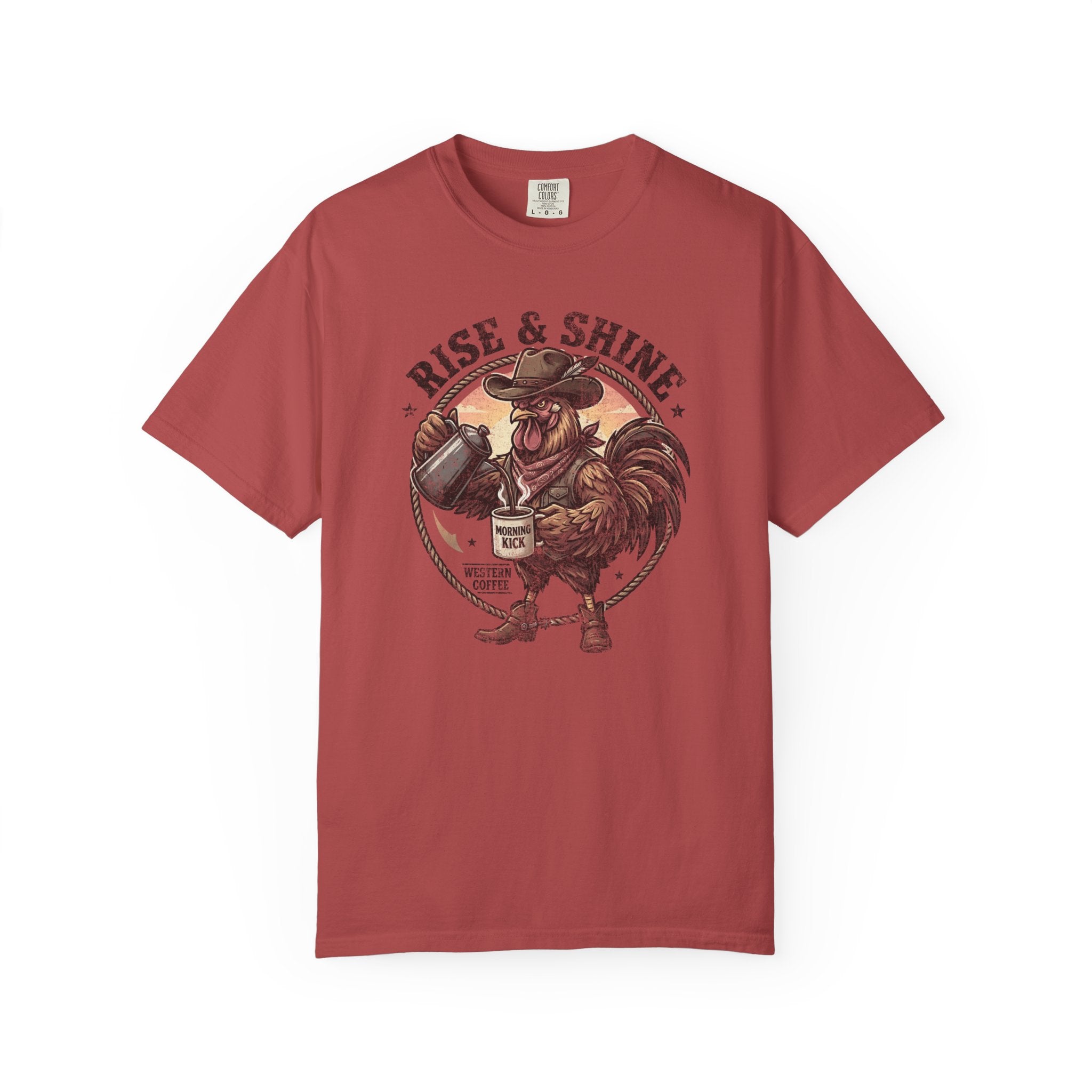 Red t-shirt featuring a graphic of a cowboy rooster pouring coffee with the text Rise & Shine.