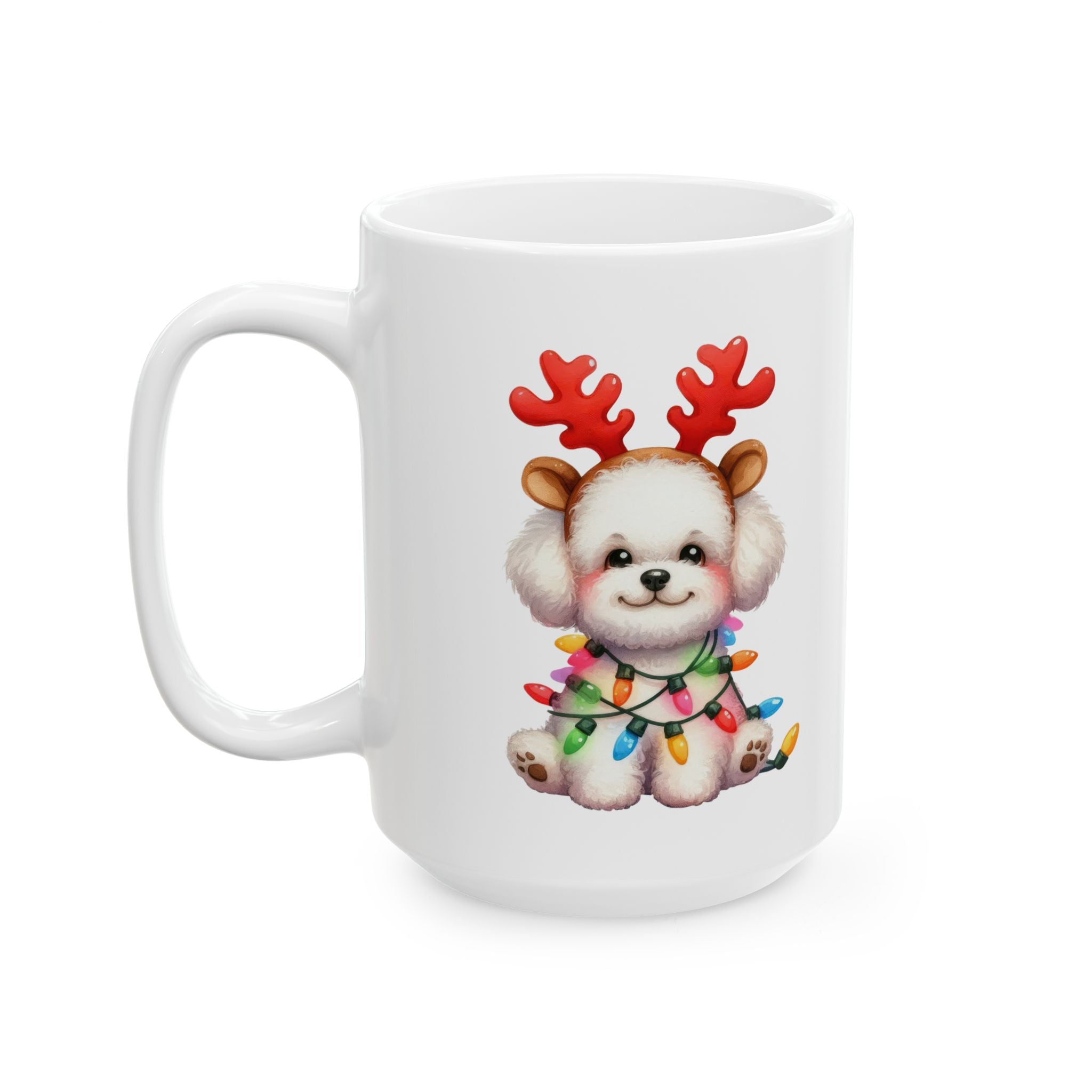 White ceramic mug with a cute Bichon Frise wearing reindeer antlers and Christmas lights.