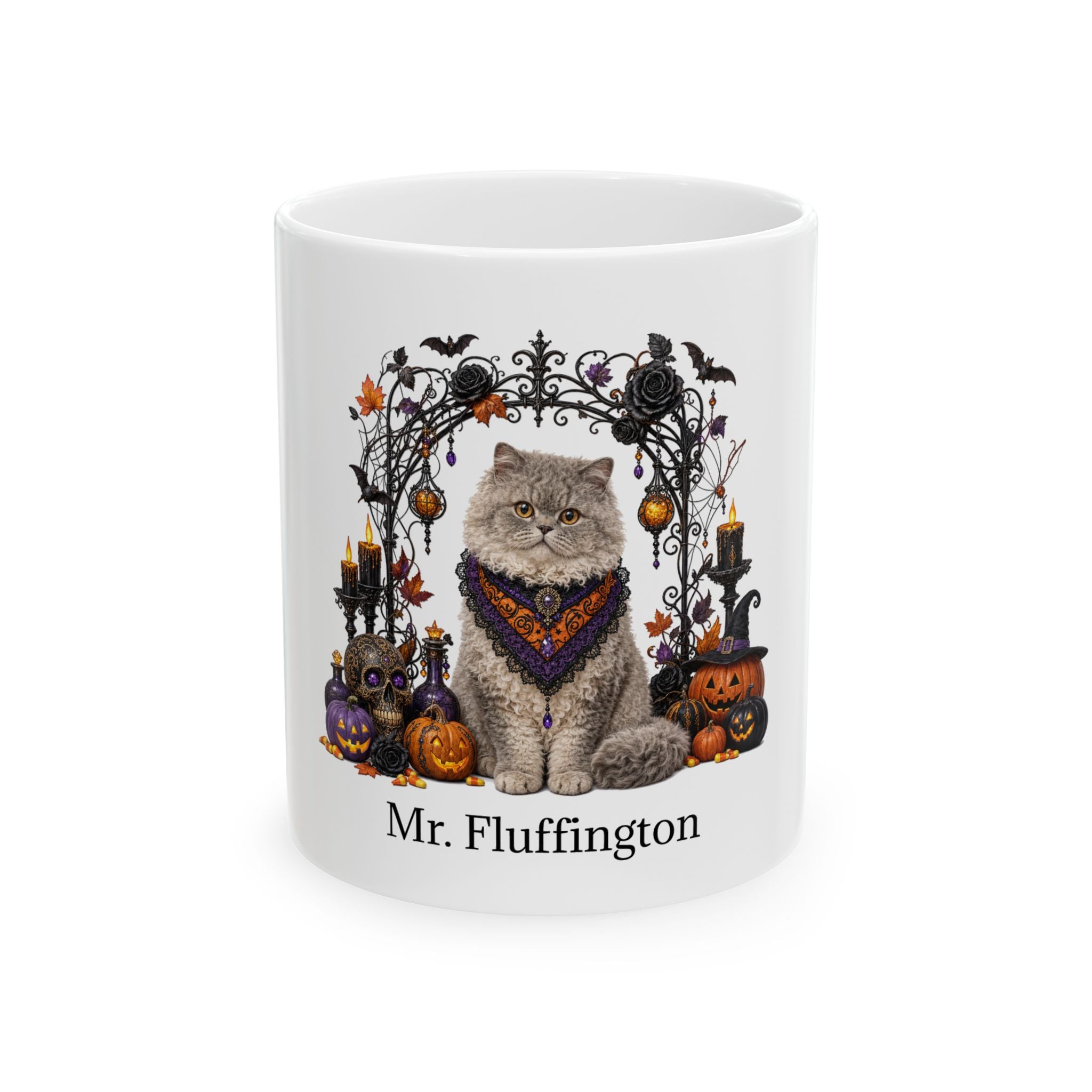 Personalized Selkirk Rex cat ceramic coffee mug with Halloween artwork and custom name — image 2