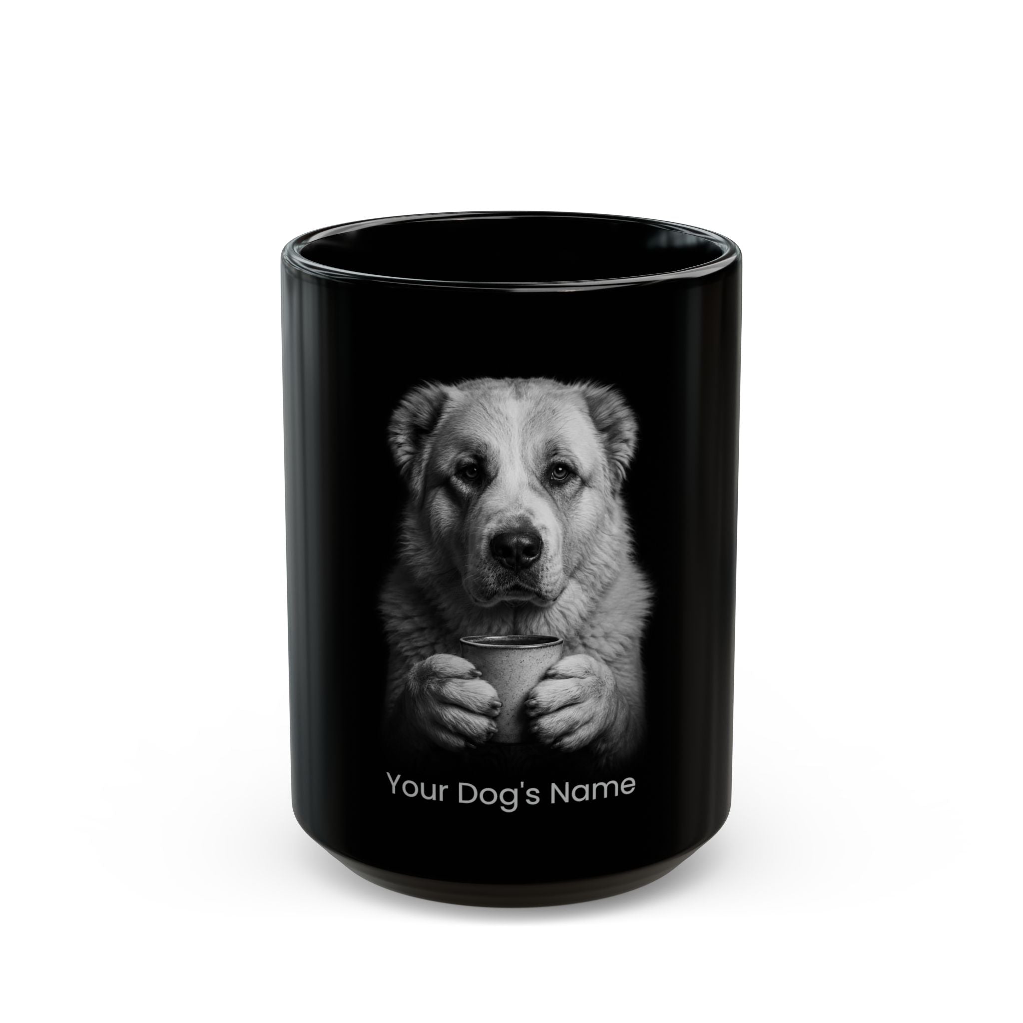 Personalized Central Asian Shepherd black ceramic coffee mug with custom dog name