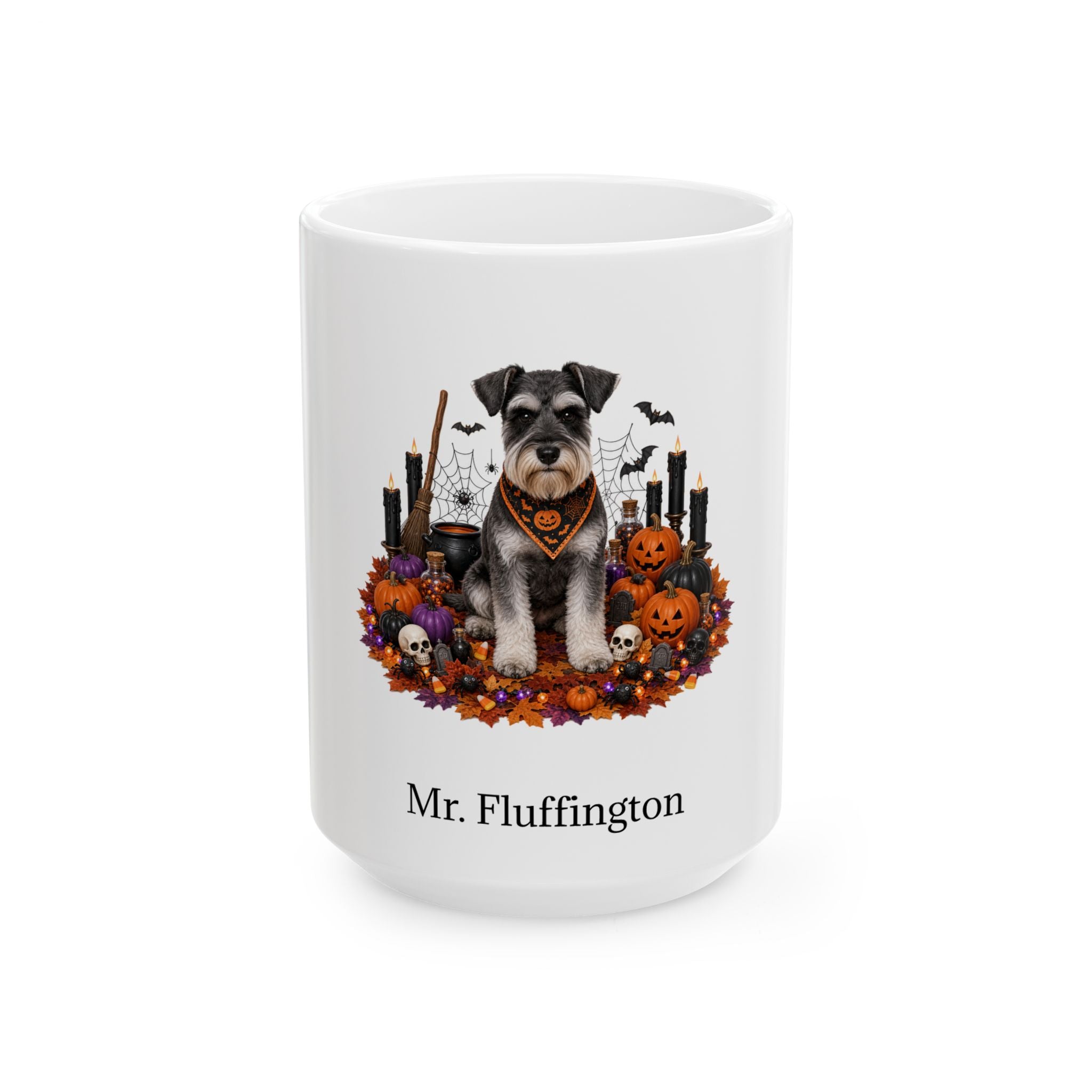 Personalized Miniature Schnauzer dog Halloween mug, 15oz white ceramic, with custom pet name on front