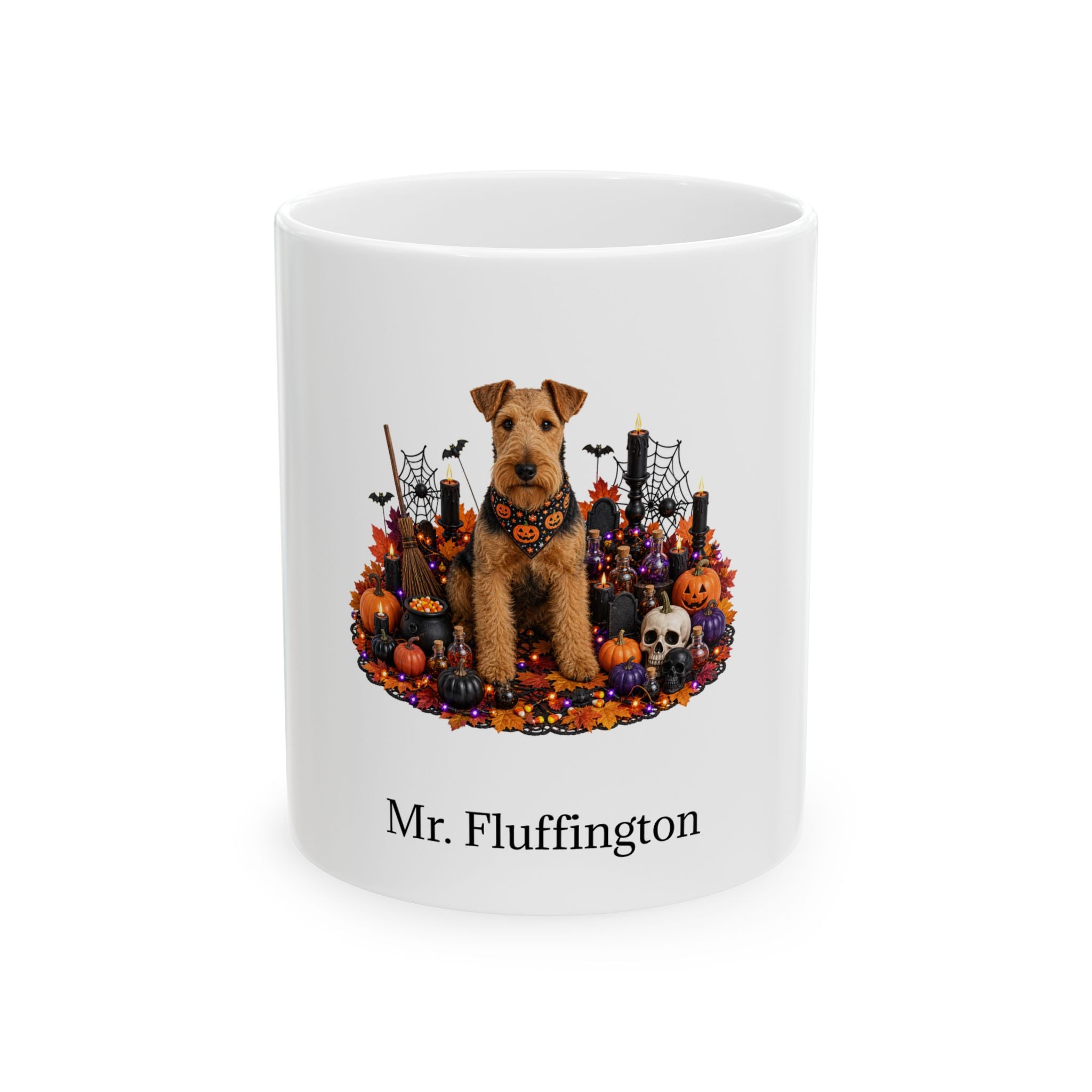 Personalized Welsh Terrier dog Halloween mug, 11oz white ceramic, with custom pet name on front