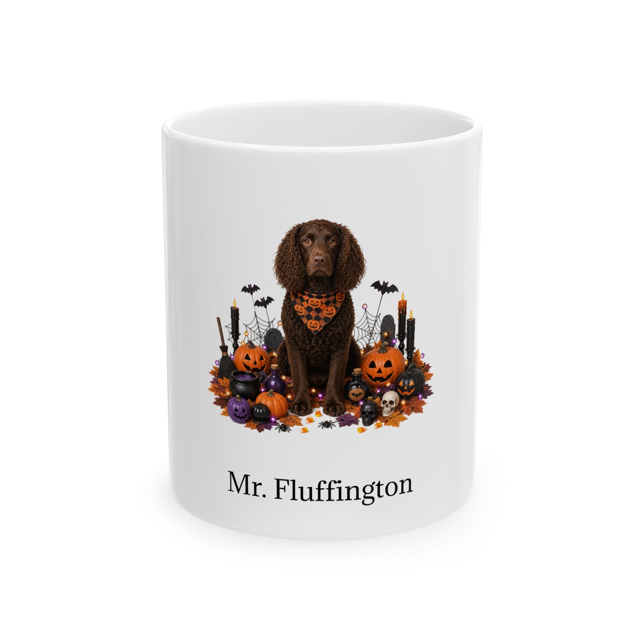 Personalized American Water Spaniel dog Halloween mug, 15oz white ceramic, with custom pet name on front