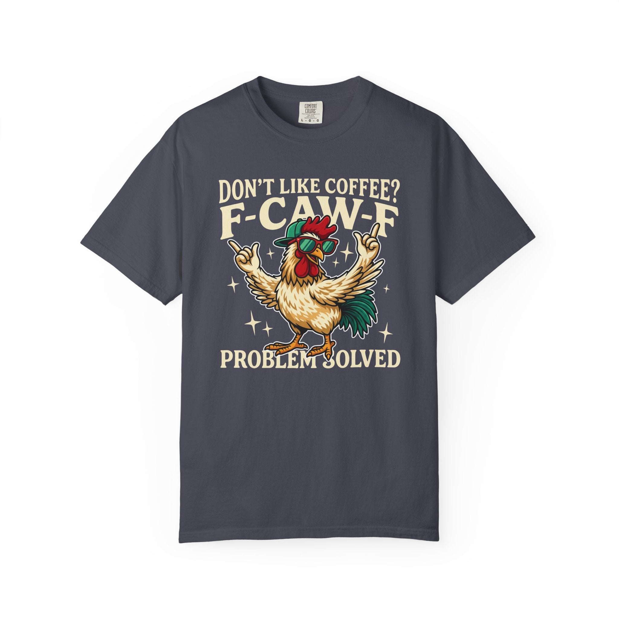 Dark gray crewneck t-shirt featuring a cartoon rooster wearing sunglasses and a cap.