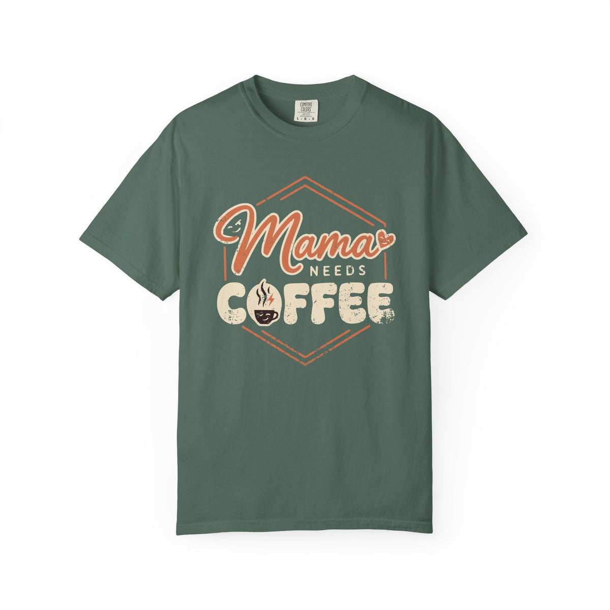 Front view of Blue Spruce Comfort Colors T-shirt with distressed Mama Needs Coffee artwork.