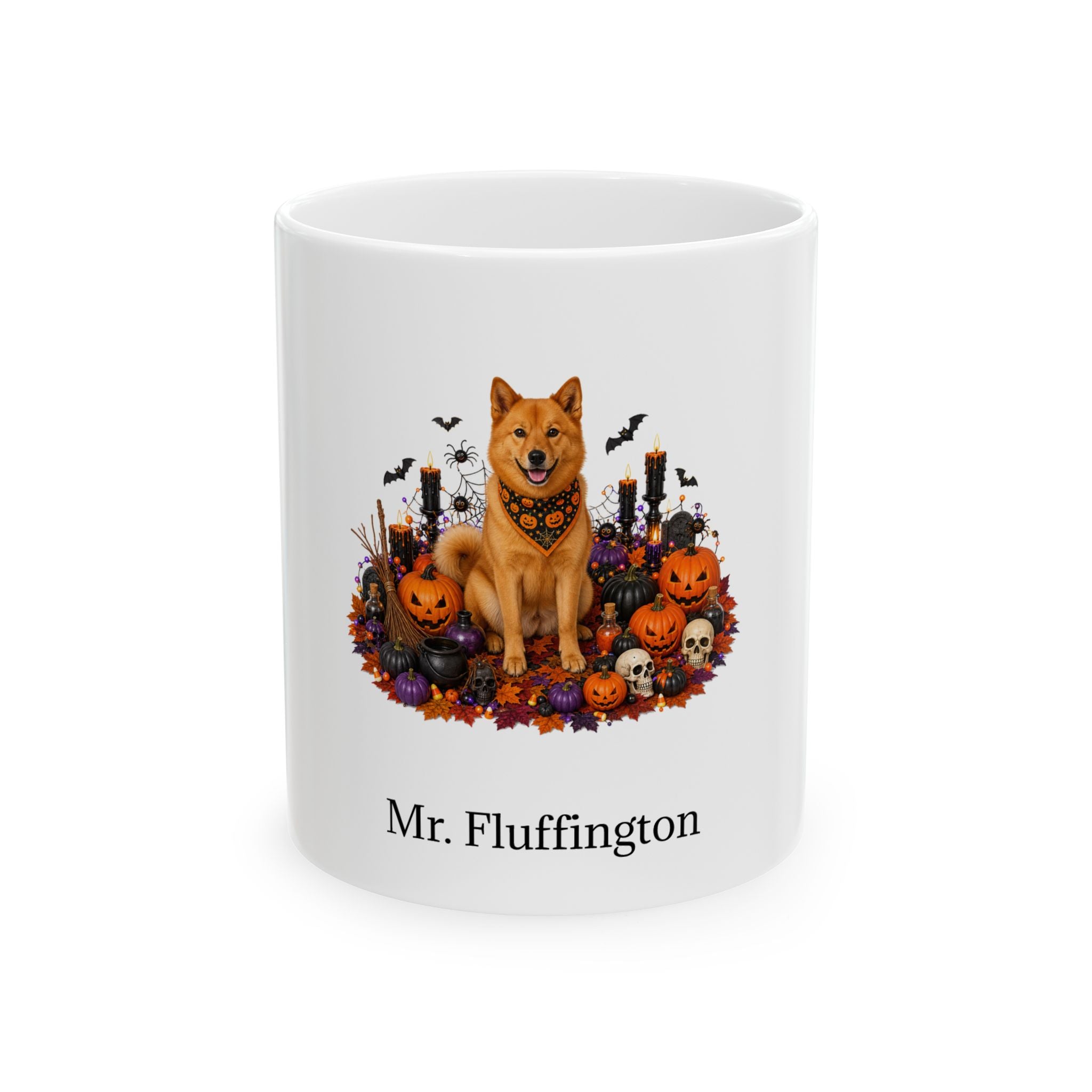 Personalized Finnish Spitz dog Halloween mug, 11oz white ceramic, with custom pet name on front