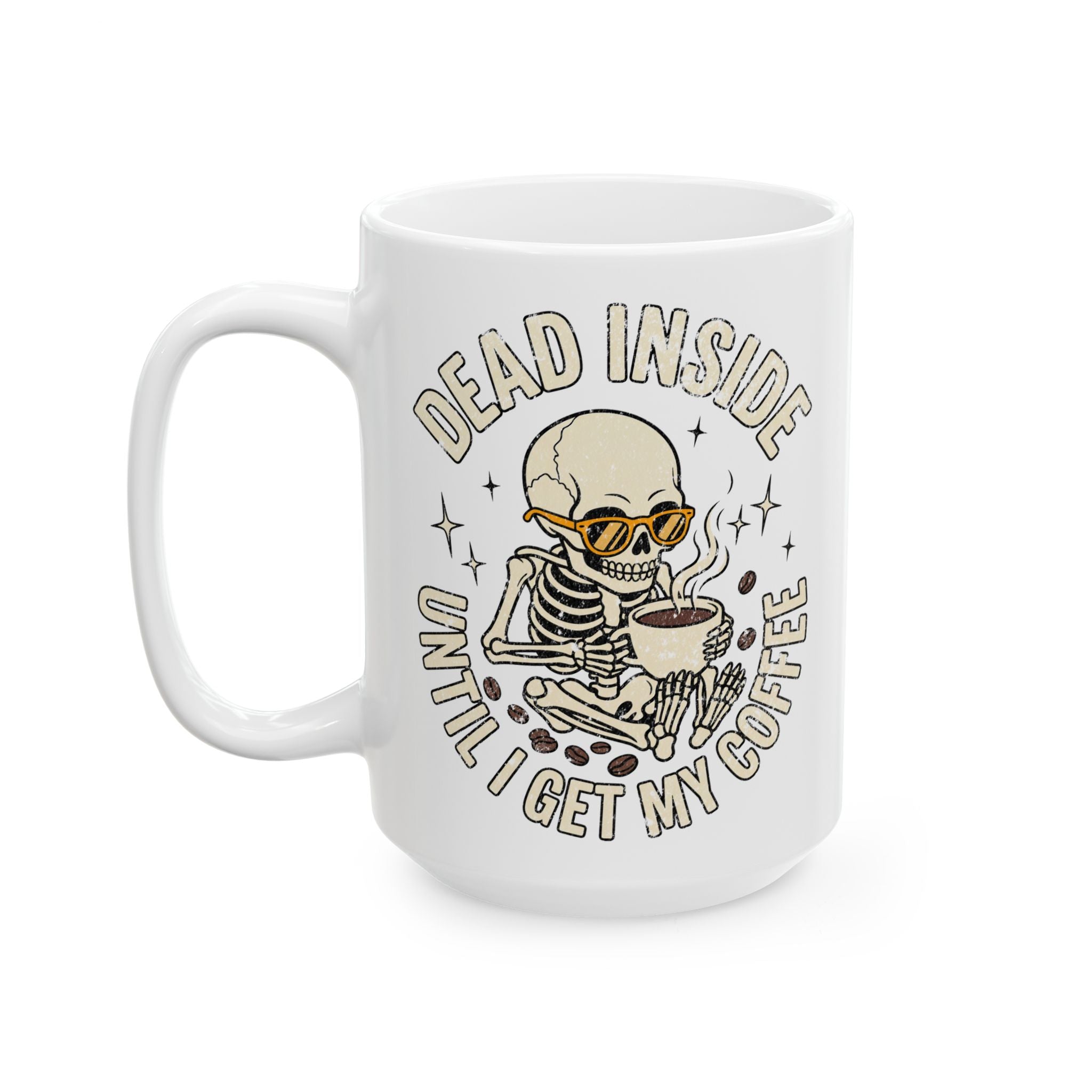 White ceramic mug featuring a skeleton wearing sunglasses and holding a steaming cup of coffee.