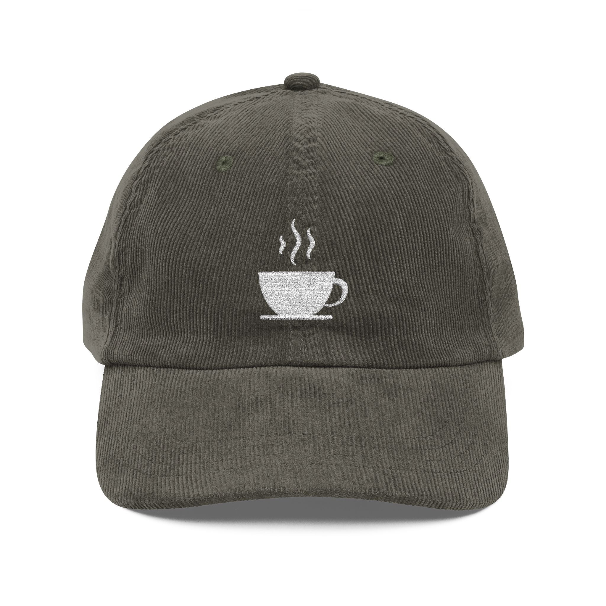 A dark grey corduroy dad hat featuring a minimalist white embroidered steaming coffee cup.