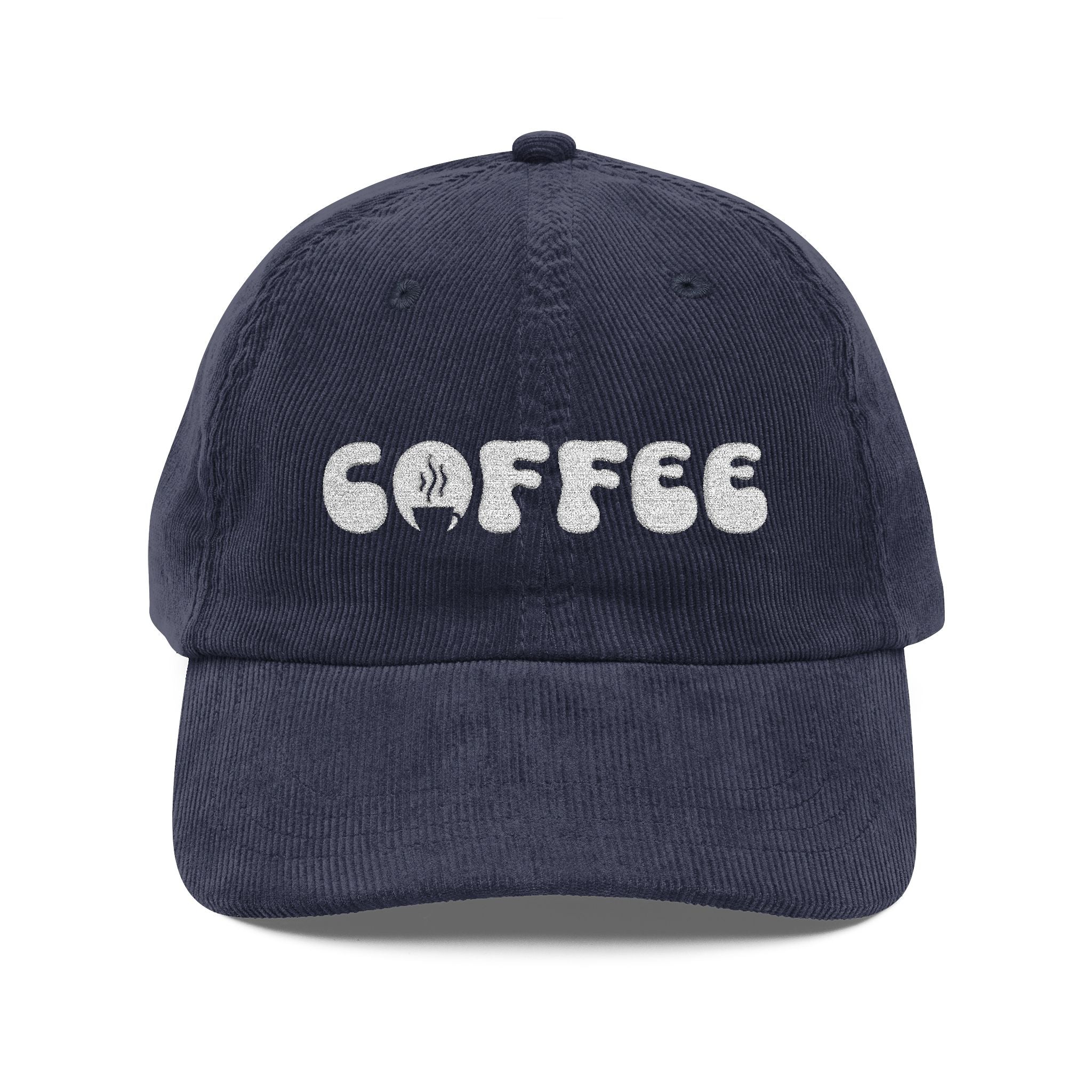 A navy blue corduroy dad hat featuring the word coffee embroidered in white on the front.