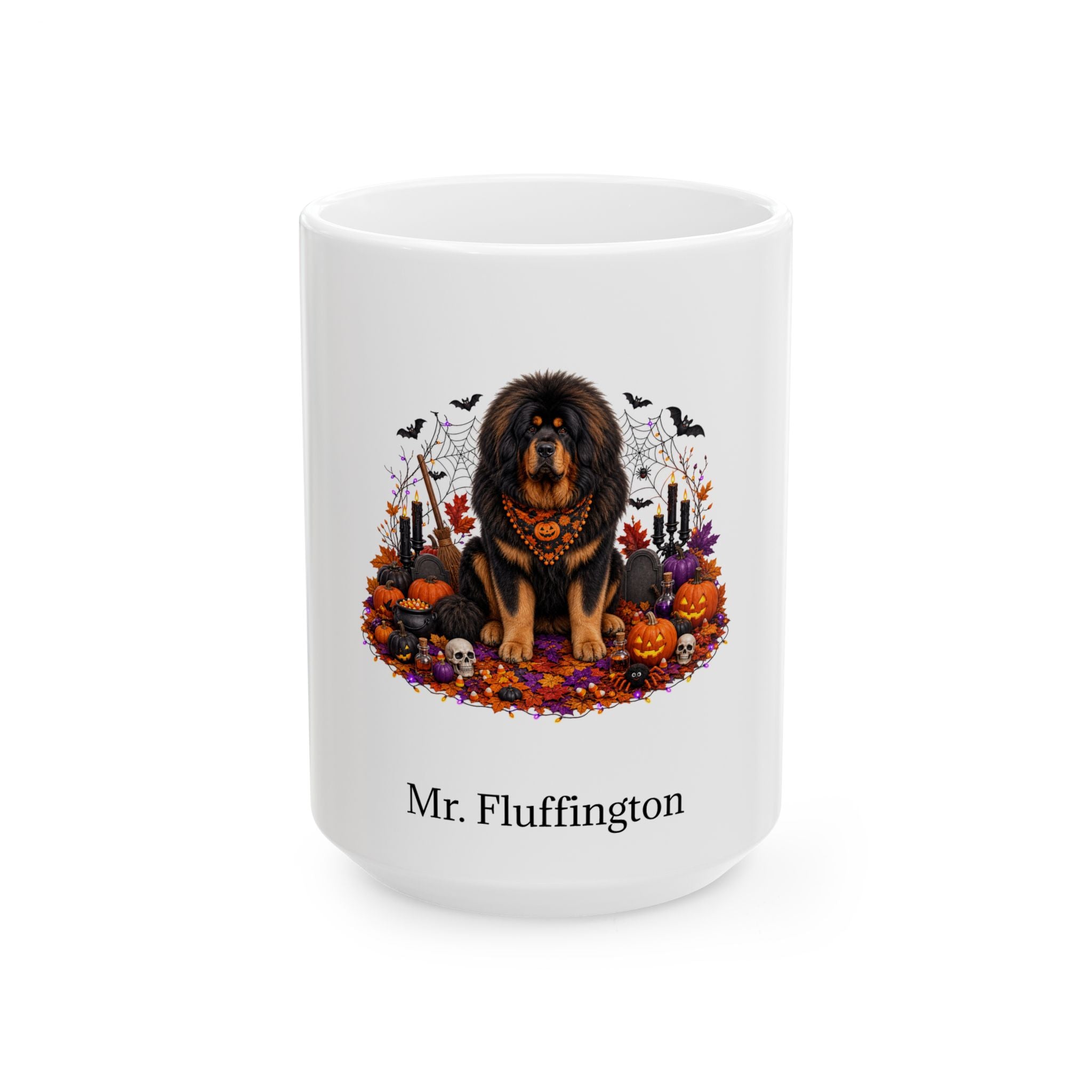 Personalized Tibetan Mastiff dog Halloween mug, 15oz white ceramic, with custom pet name on front