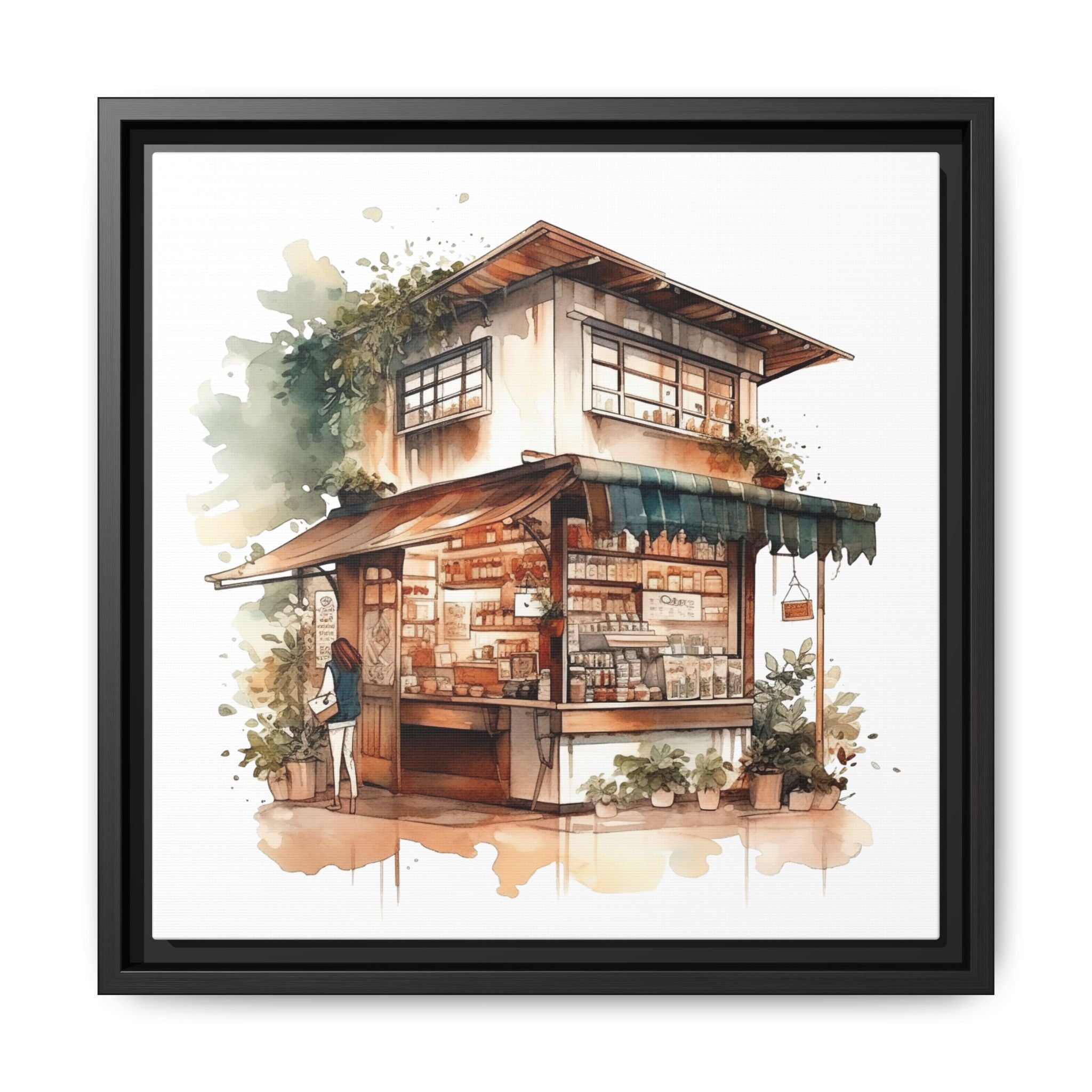 Japanese Tea Shop Framed Canvas Wall Art | 14x14 Matte Watercolor Print