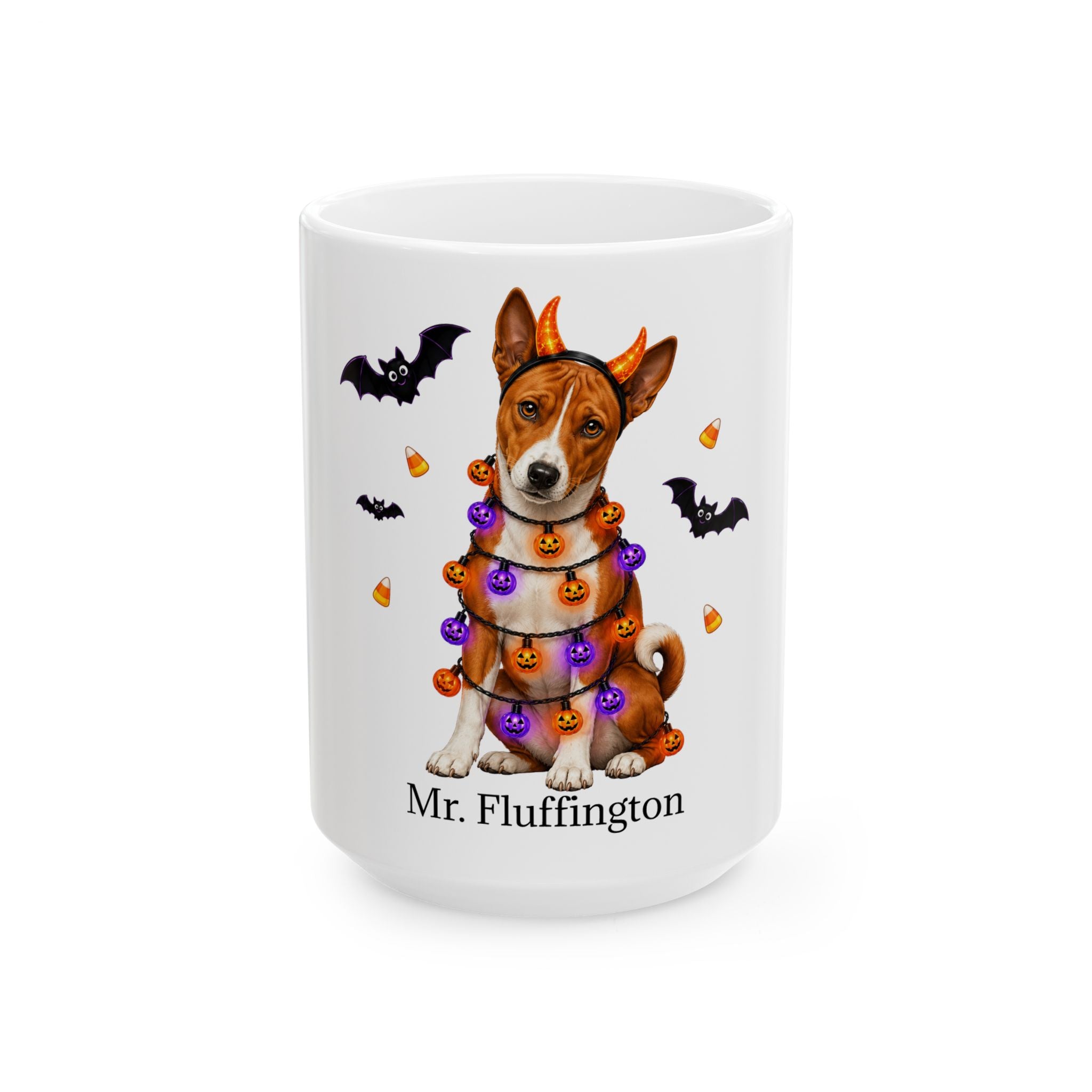 Personalized Basenji dog Halloween mug, 15oz white ceramic, with custom pet name on front