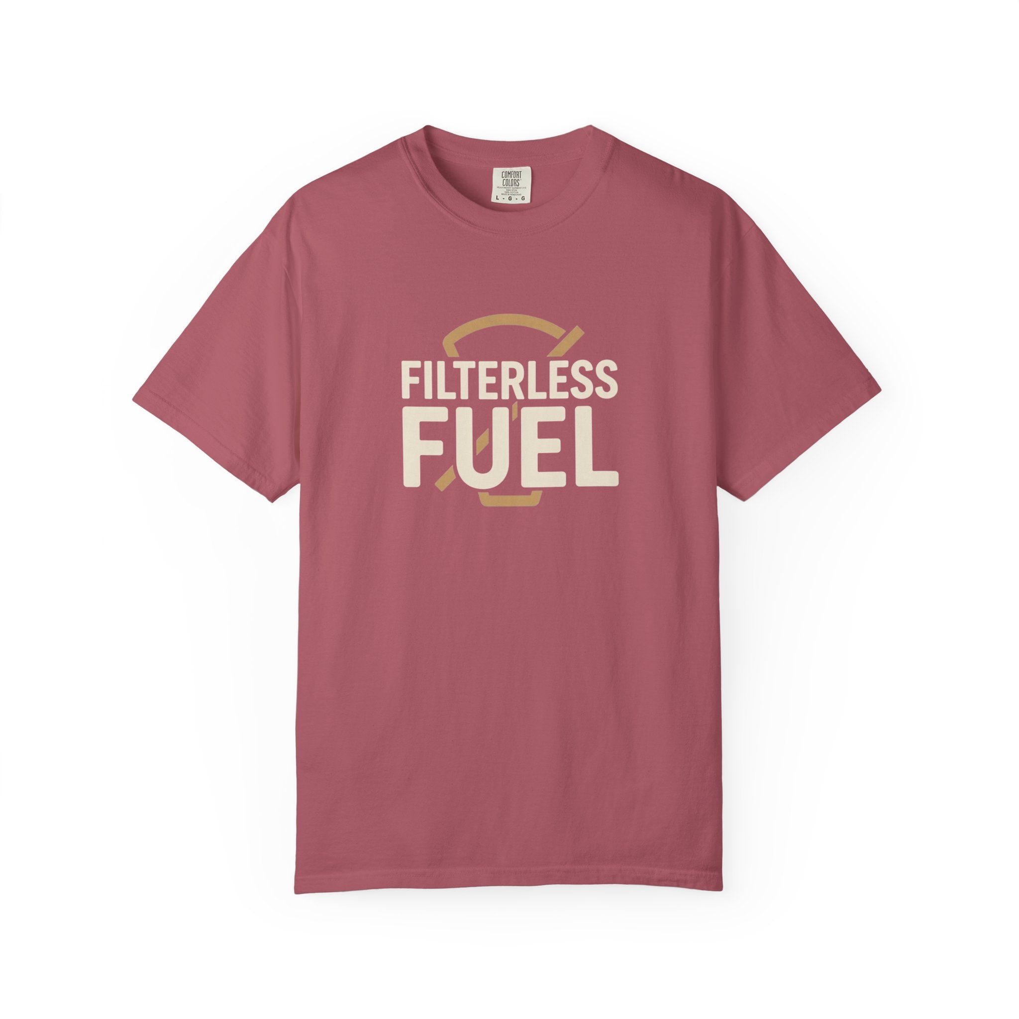 A dusty rose unisex t-shirt featuring the text Filterless Fuel in cream with a gold coffee icon.