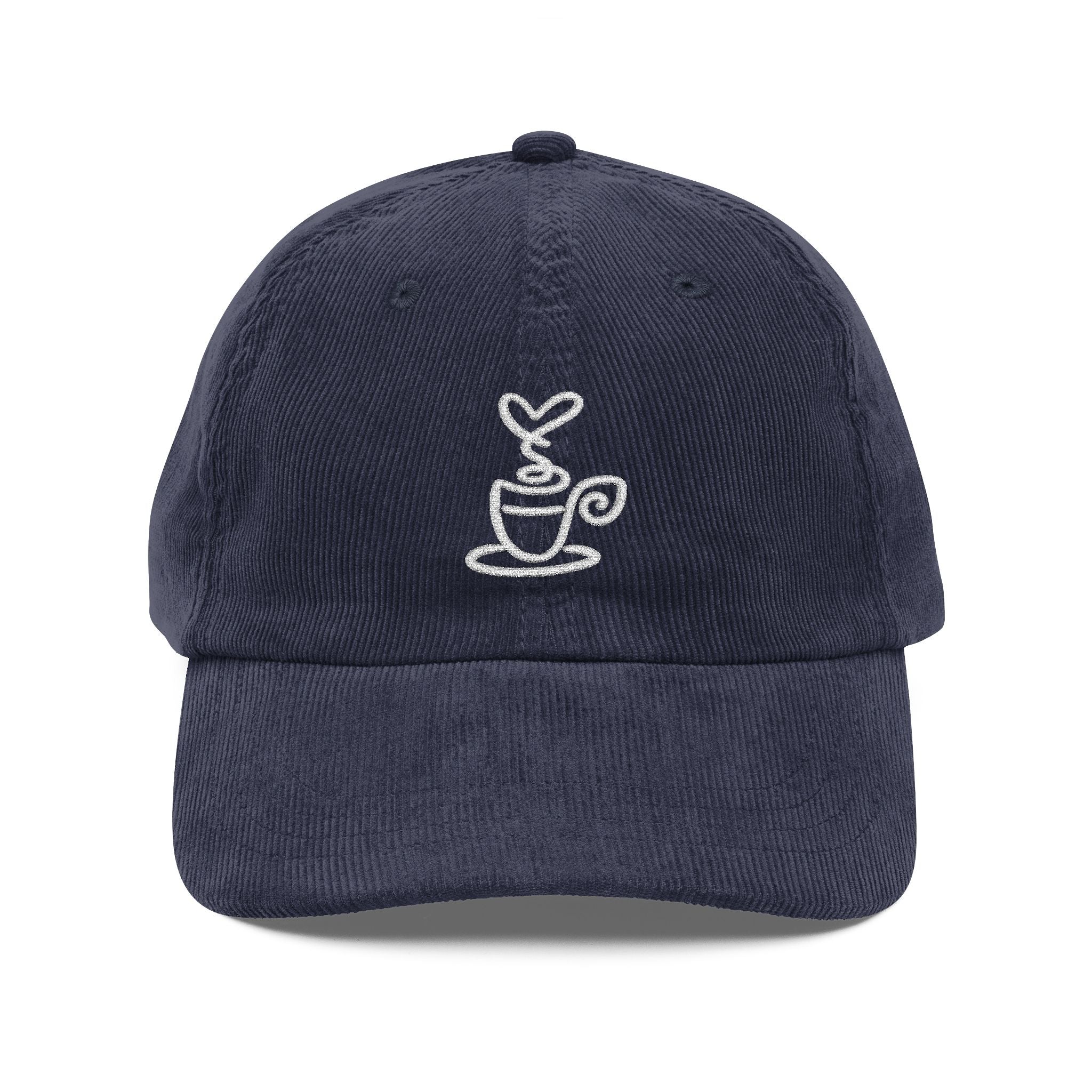 A navy blue corduroy dad hat featuring a white embroidered coffee cup design on the front.