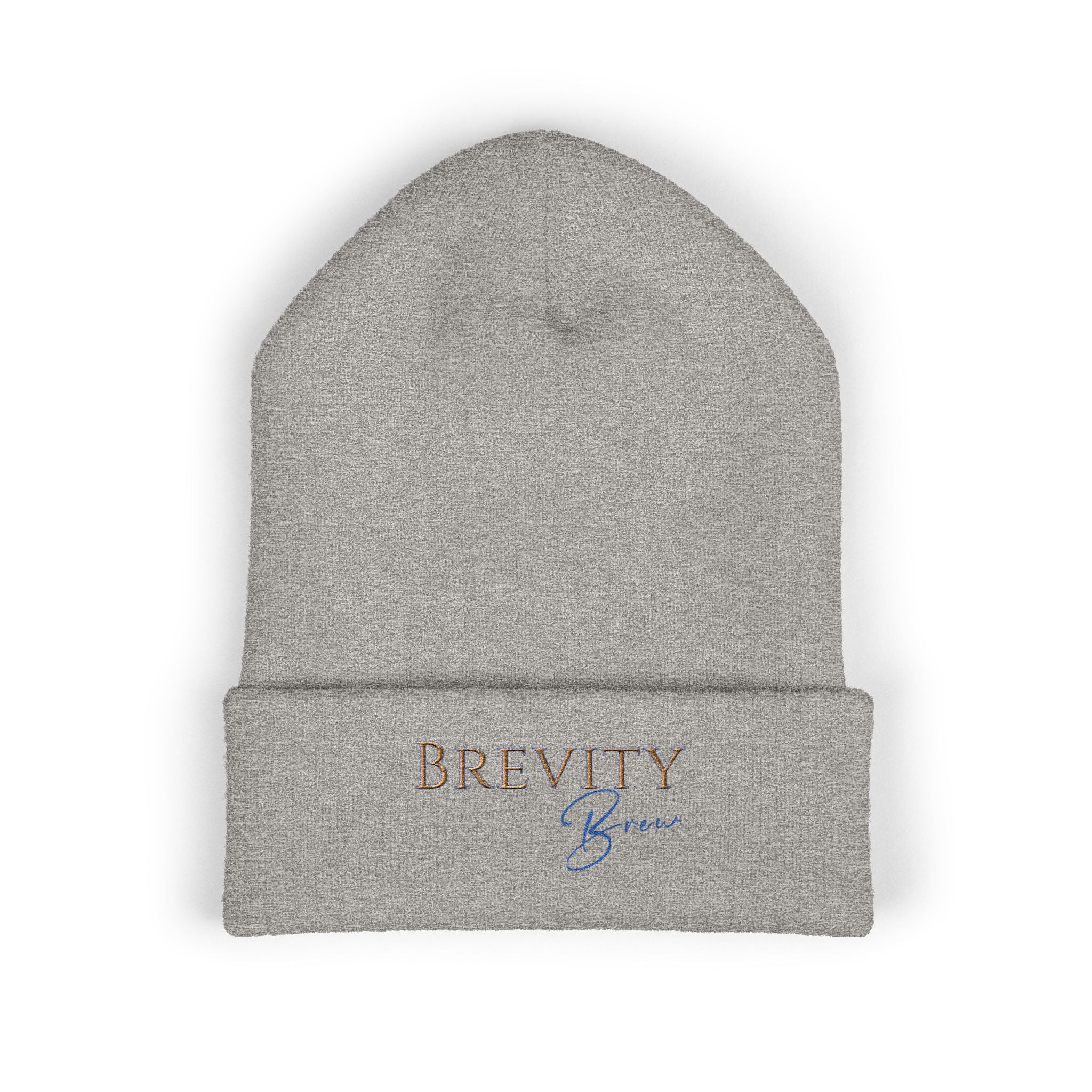 A grey cuffed beanie with "BREVITY Brew" embroidered on the front.