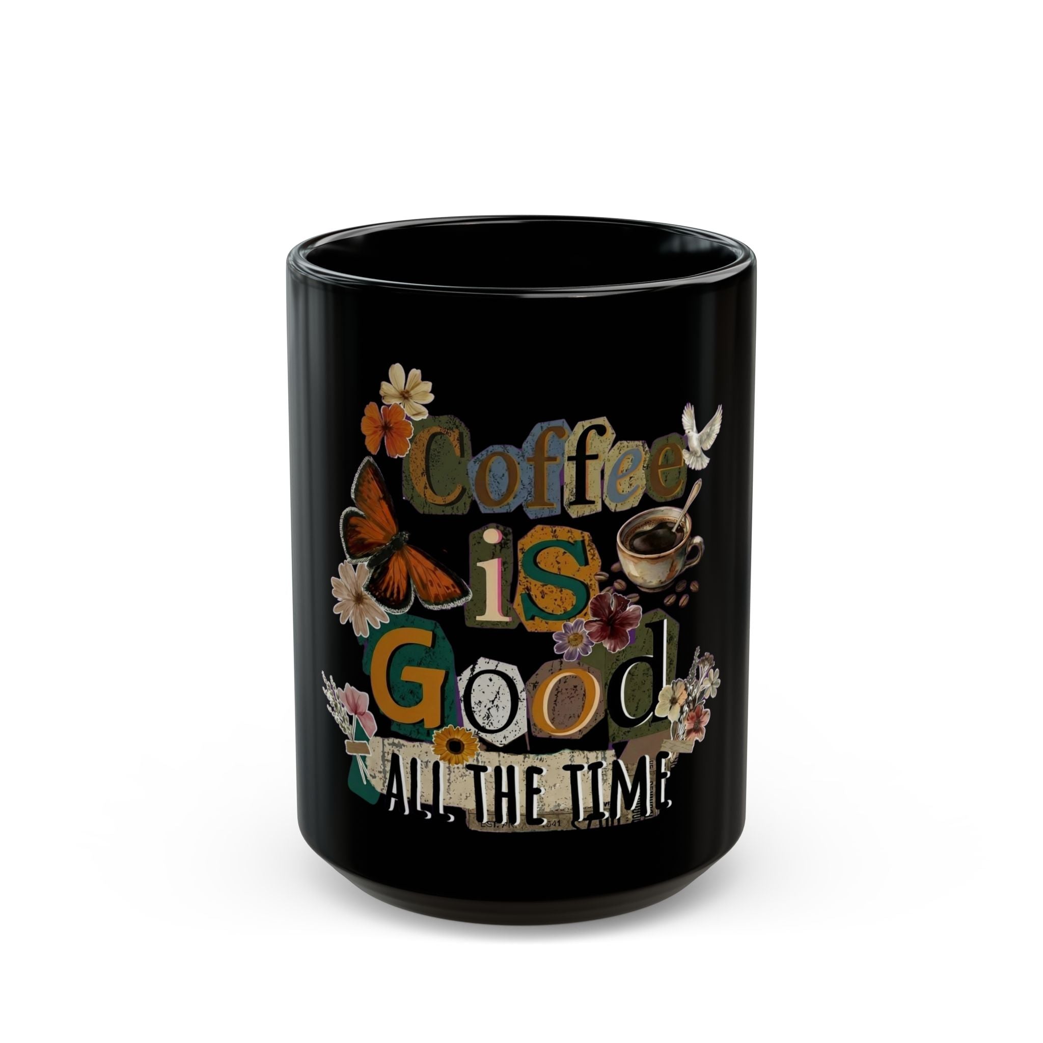 A black ceramic mug featuring a cottagecore design with flowers, a butterfly, and coffee text.