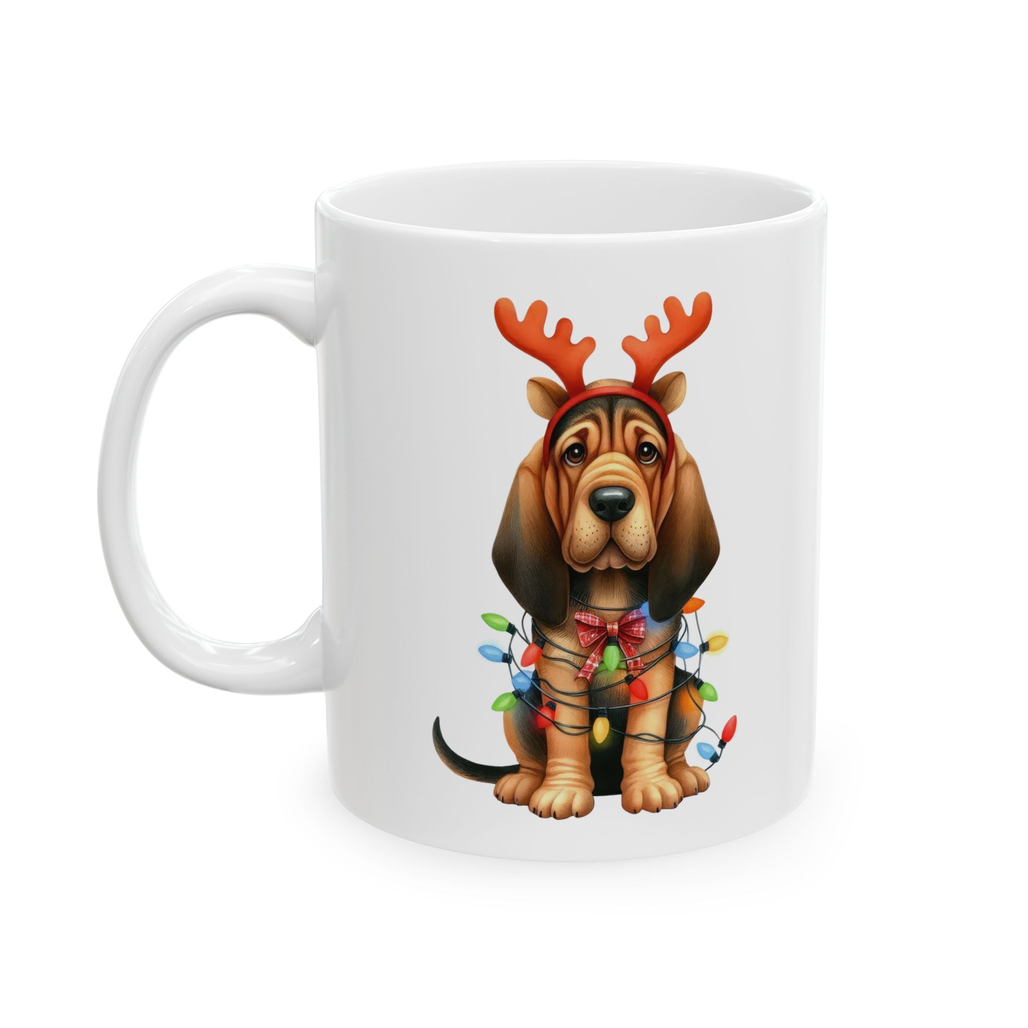 White ceramic mug with a bloodhound wearing reindeer antlers and Christmas lights.