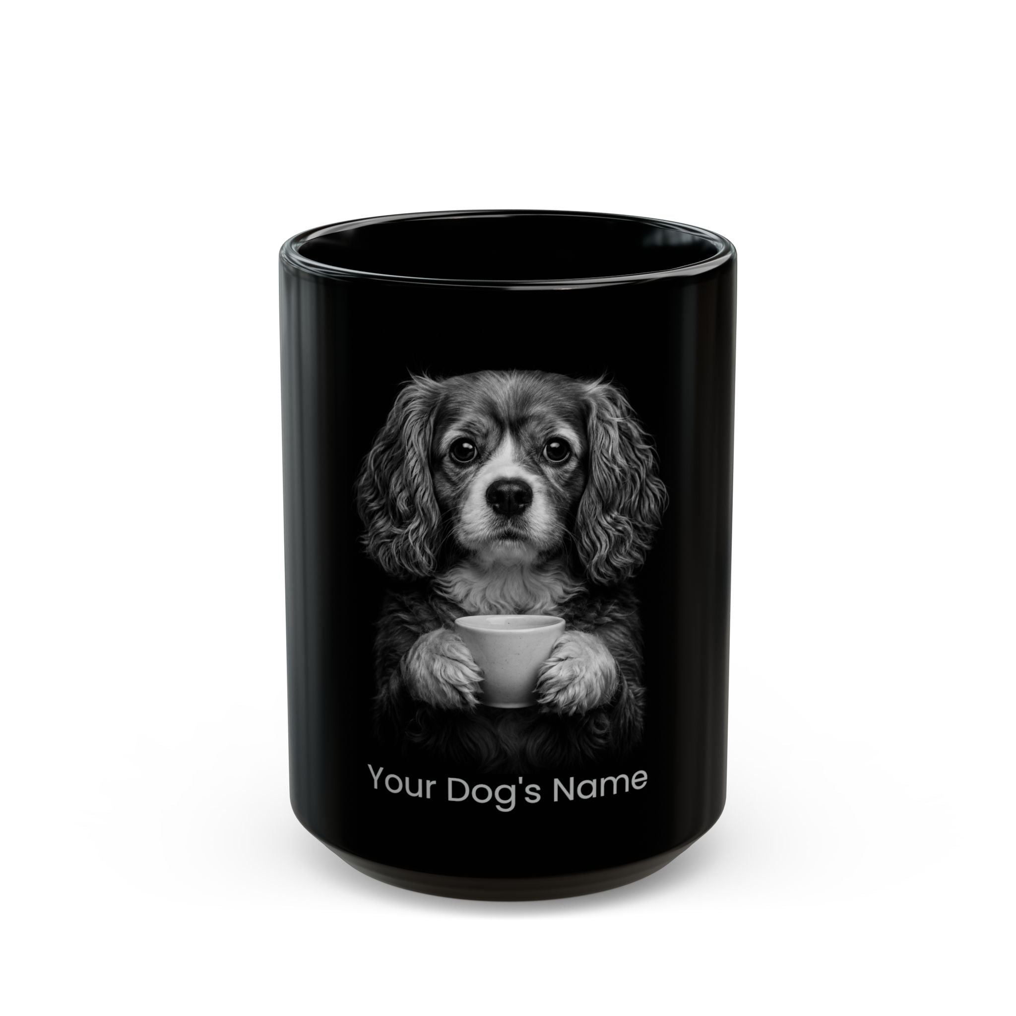 Personalized Cav-A-Jack black ceramic coffee mug with custom dog name