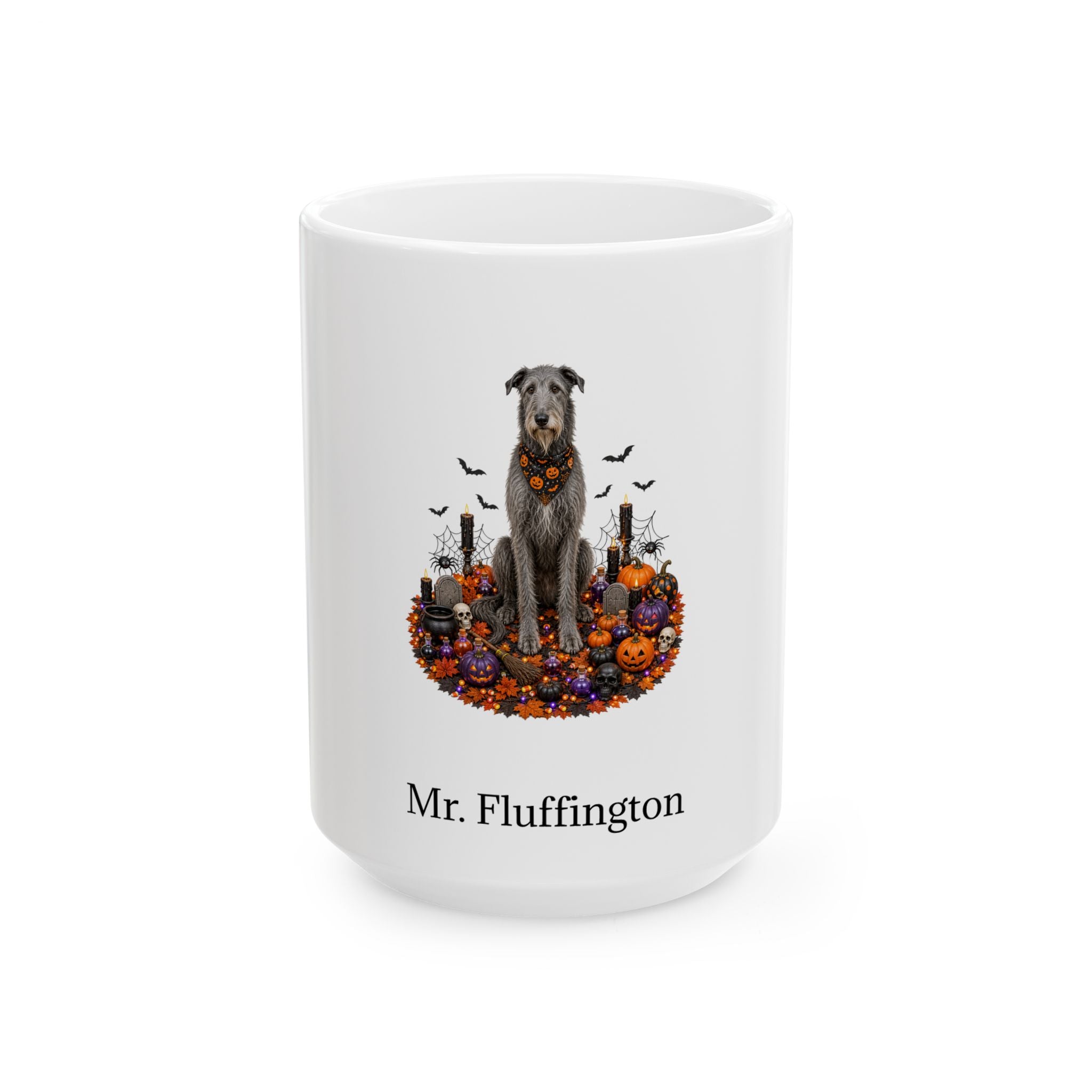 Personalized Scottish Deerhound dog Halloween mug, 15oz white ceramic, with custom pet name on front
