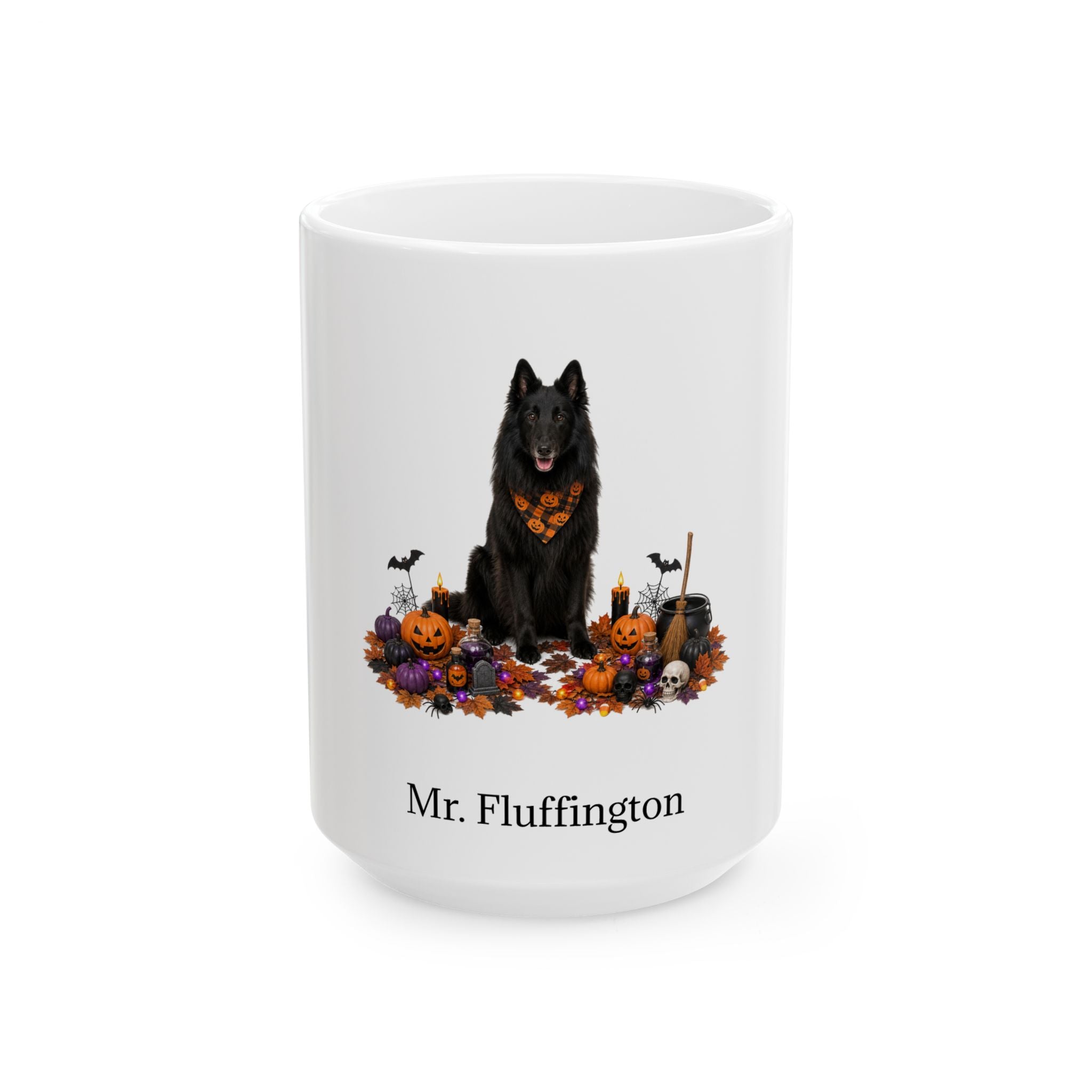Personalized Belgian Sheepdog Halloween mug, 11oz white ceramic, with custom pet name on front