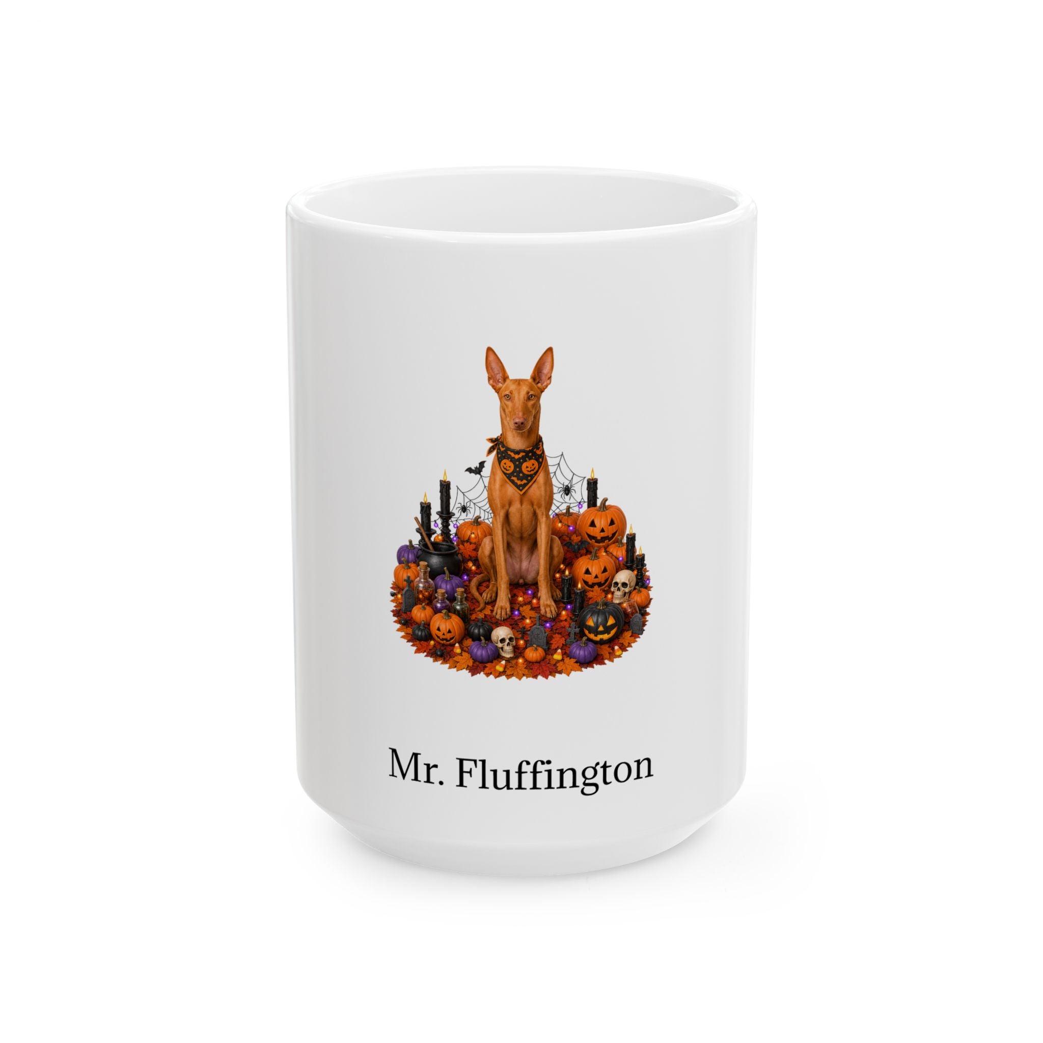 Personalized Pharaoh Hound dog Halloween mug, 15oz white ceramic, with custom pet name on front