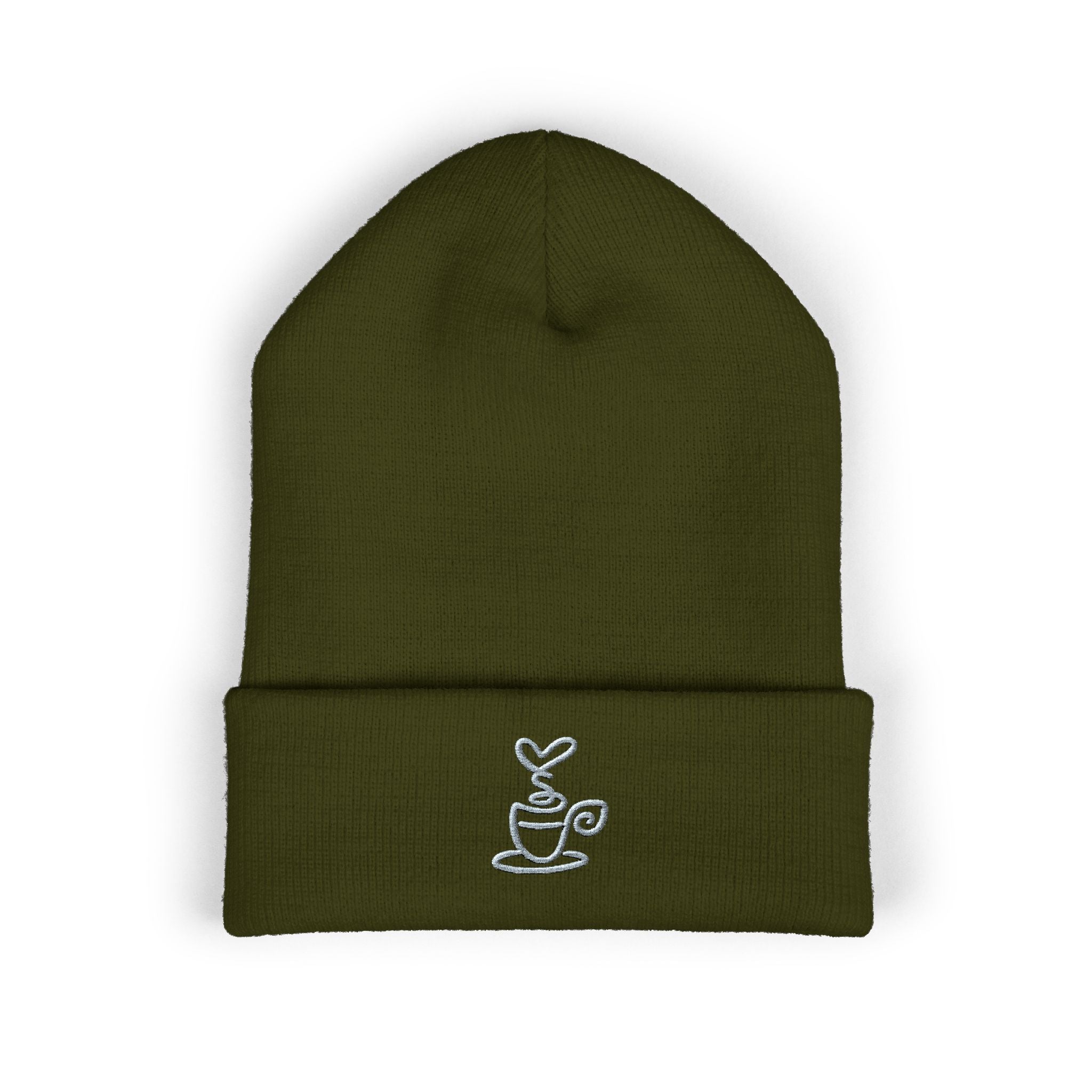 Olive green cuffed beanie with embroidered white coffee cup design.
