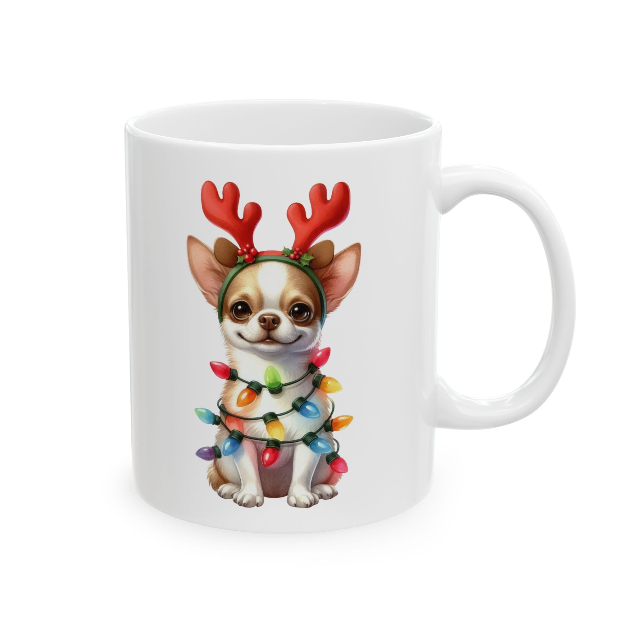 White ceramic mug with a festive chihuahua wearing reindeer antlers and Christmas lights.