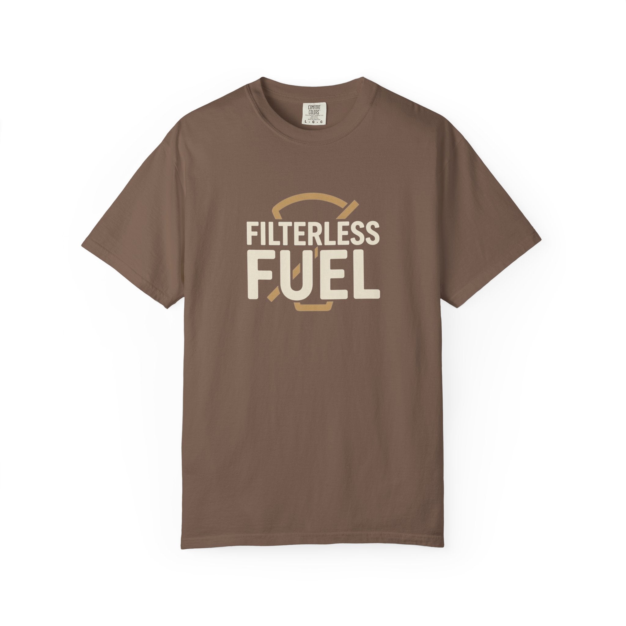 A brown unisex cotton t-shirt featuring the text Filterless Fuel in a retro graphic design.