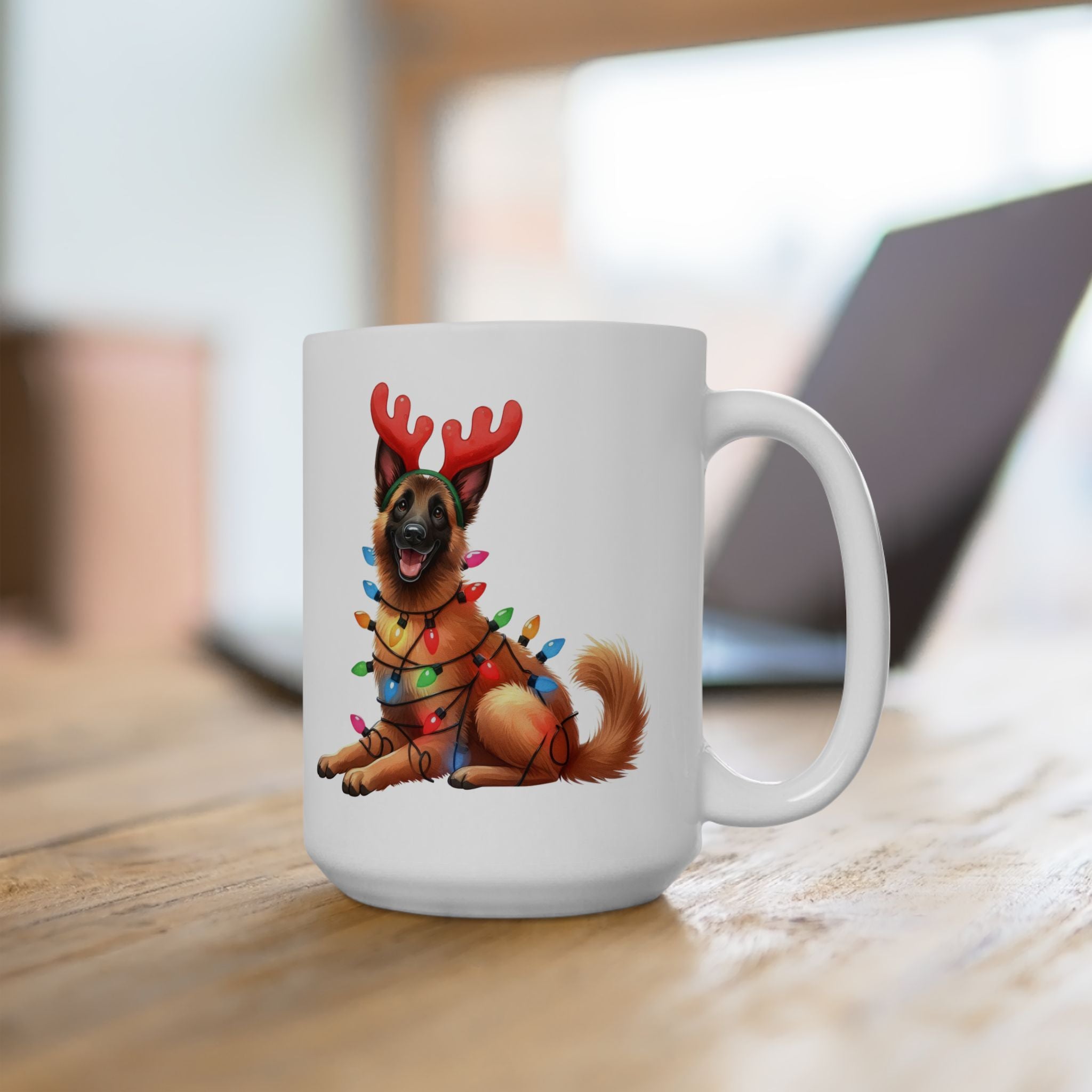 White ceramic mug with a Belgian Malinois wearing reindeer antlers and Christmas lights.