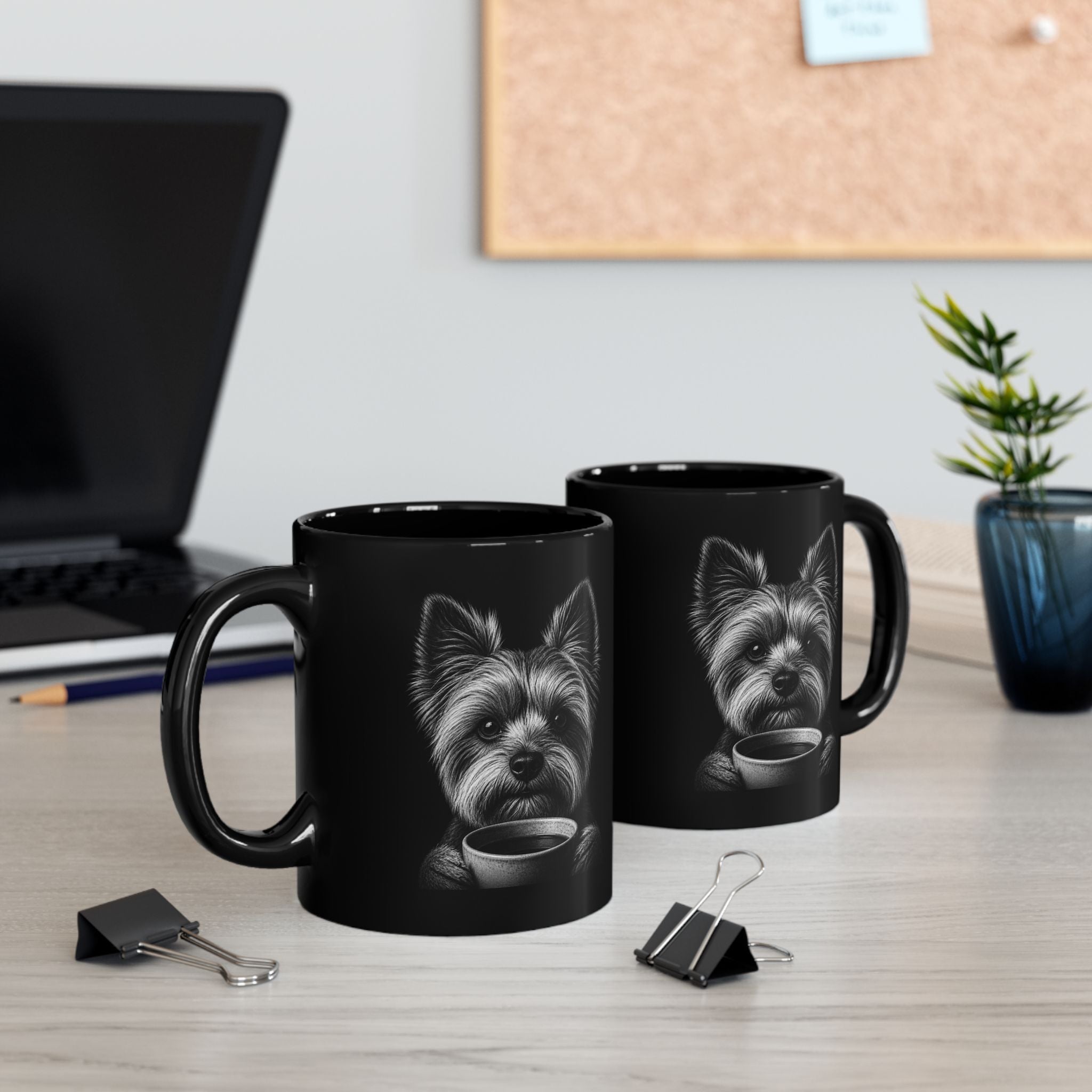Yorkie Over Coffee — Black Ceramic Mug